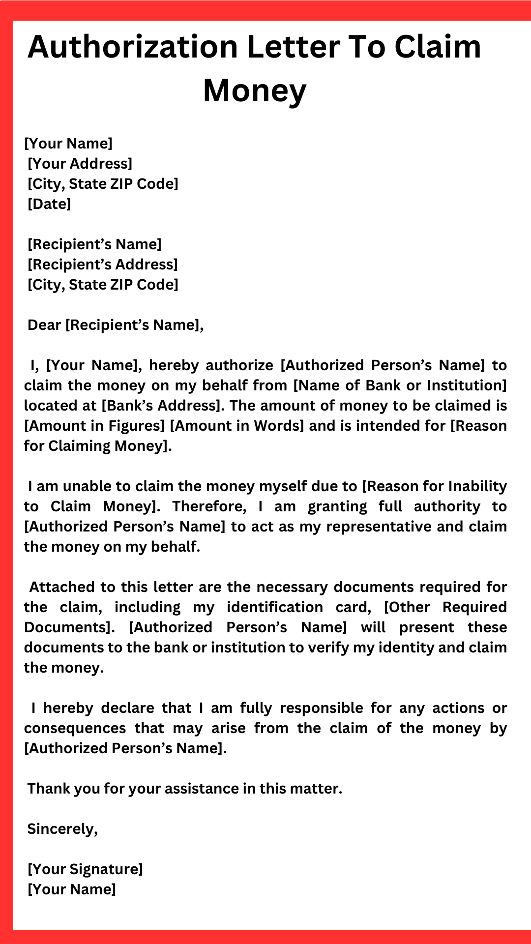 Authorization Letter To Claim Money