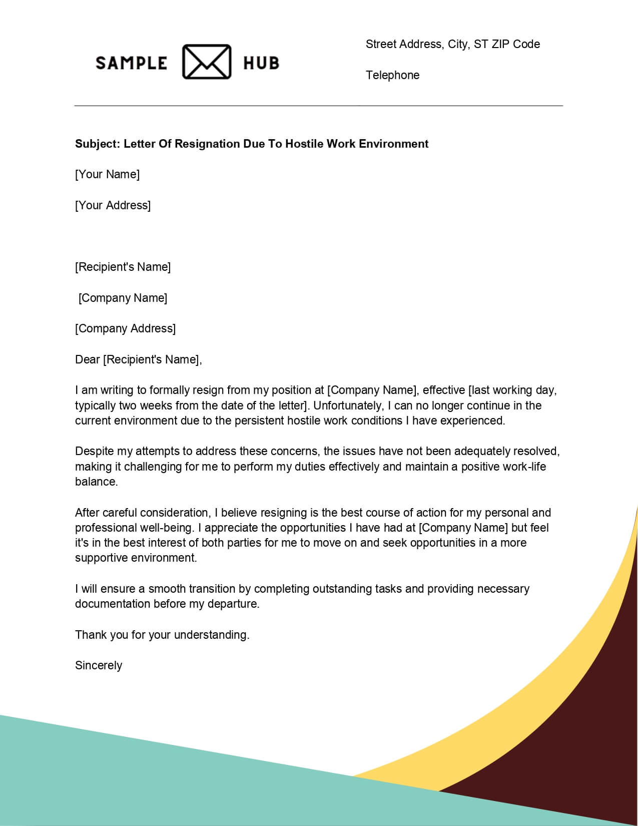 Letter Of Resignation Due To Hostile Work Environment