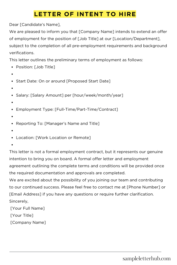 Letter of Intent to Hire Sample