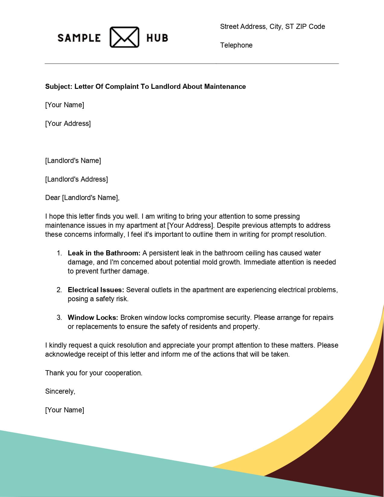 Letter Of Complaint To Landlord About Maintenance