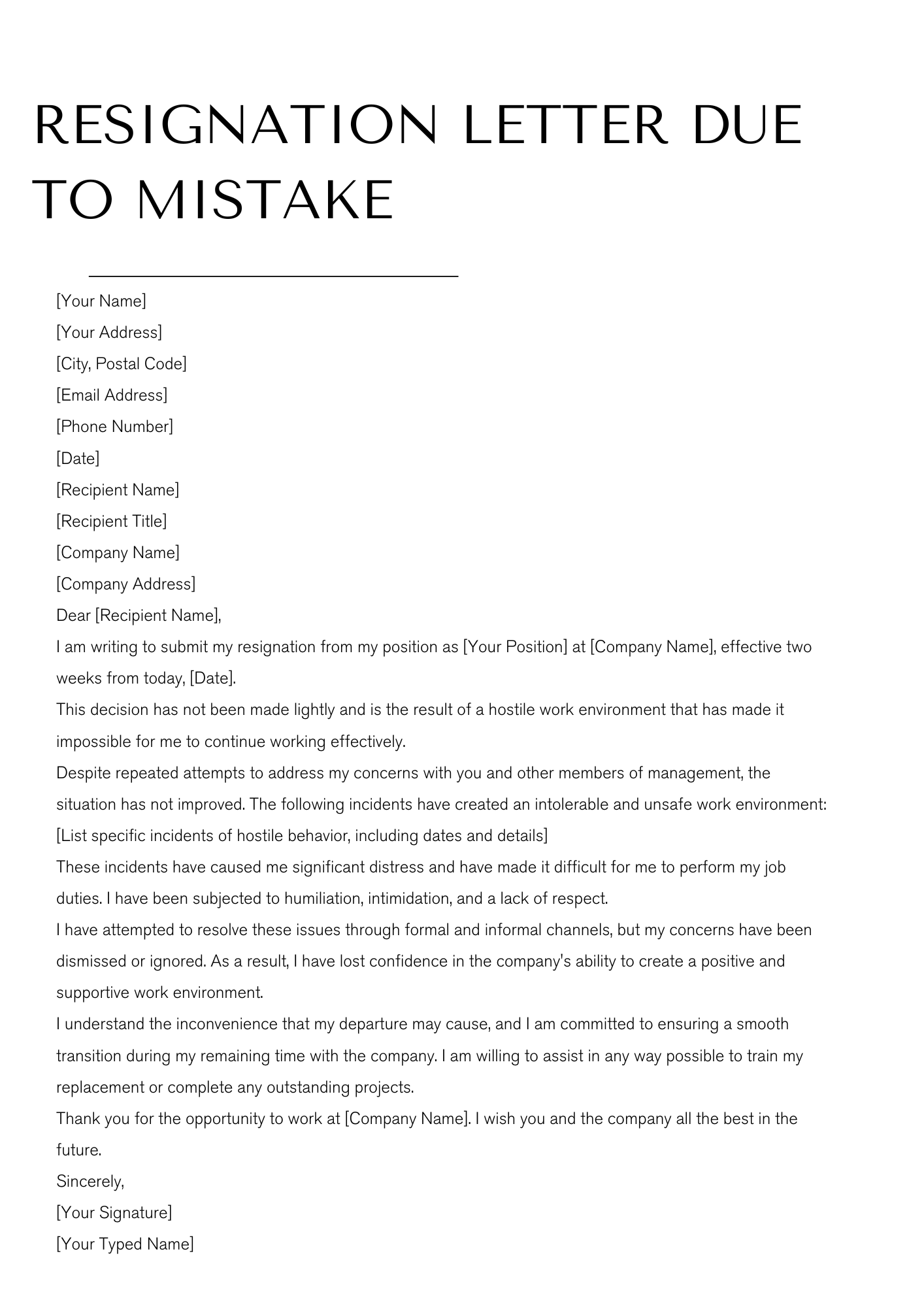 Resignation letter due to mistake
