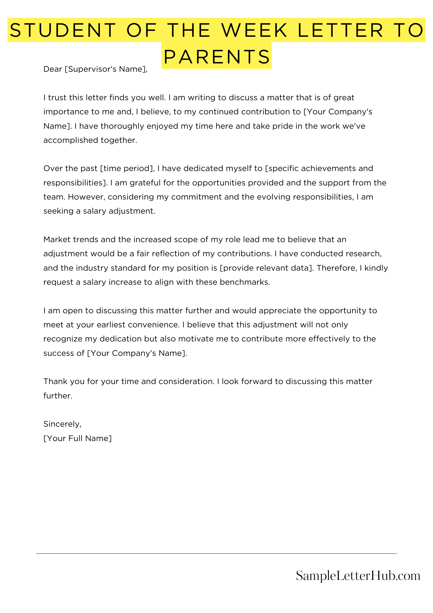 Student Of The Week Letter To Parents