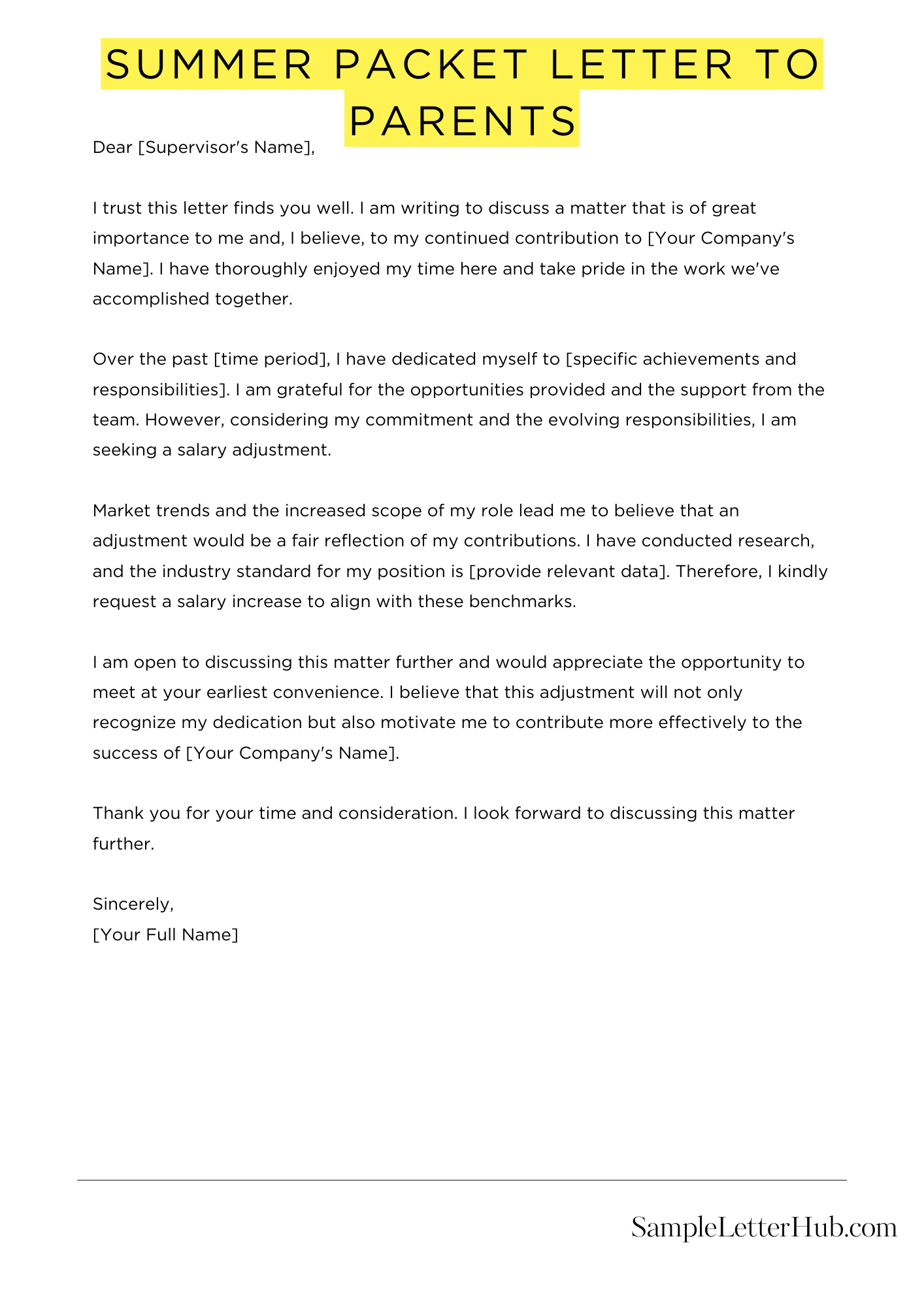 Summer Packet Letter To Parents