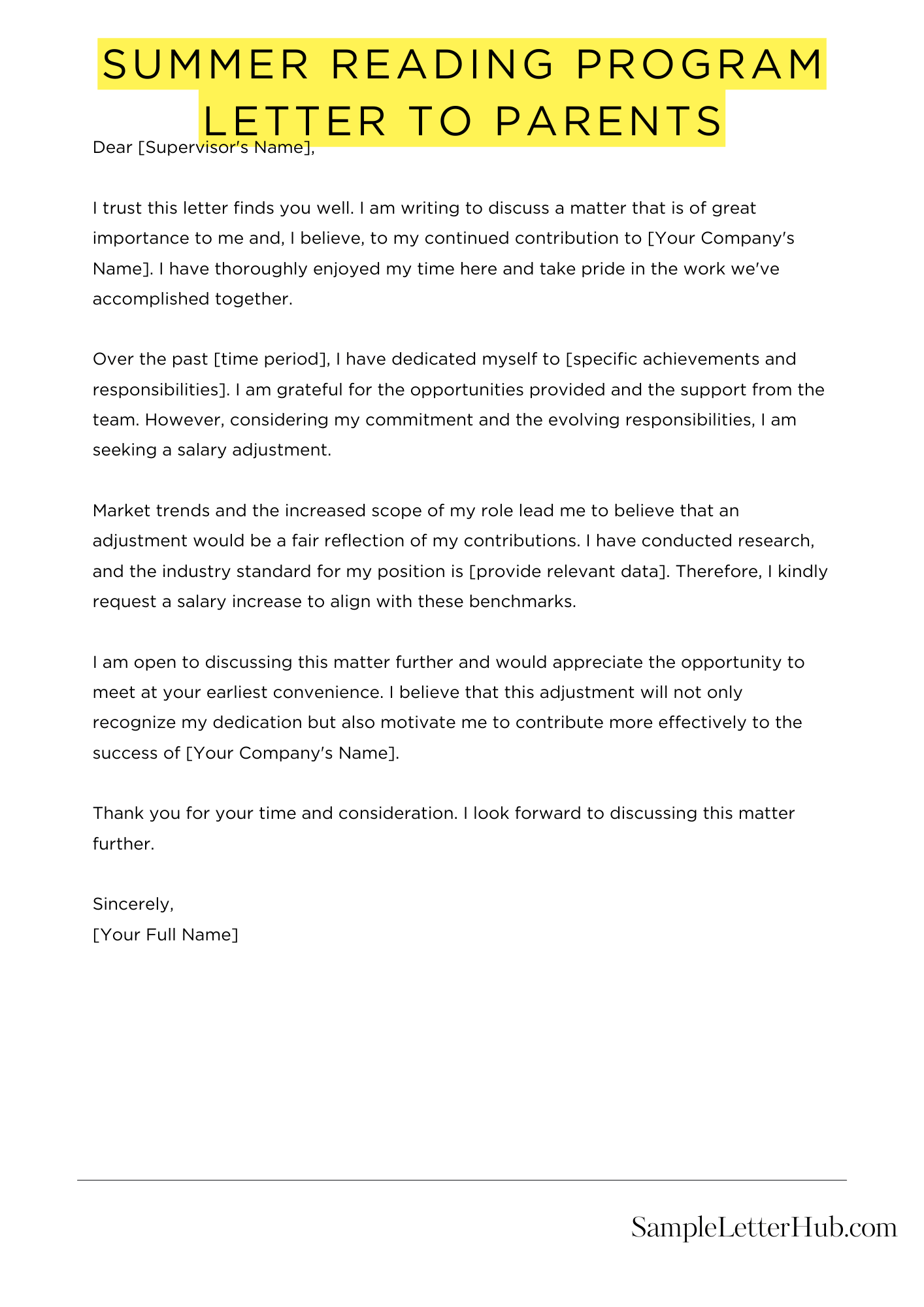 Summer Reading Program Letter To Parents