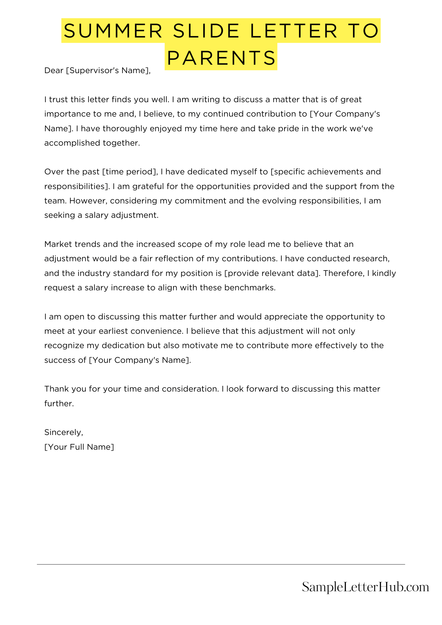 Summer Slide Letter To Parents