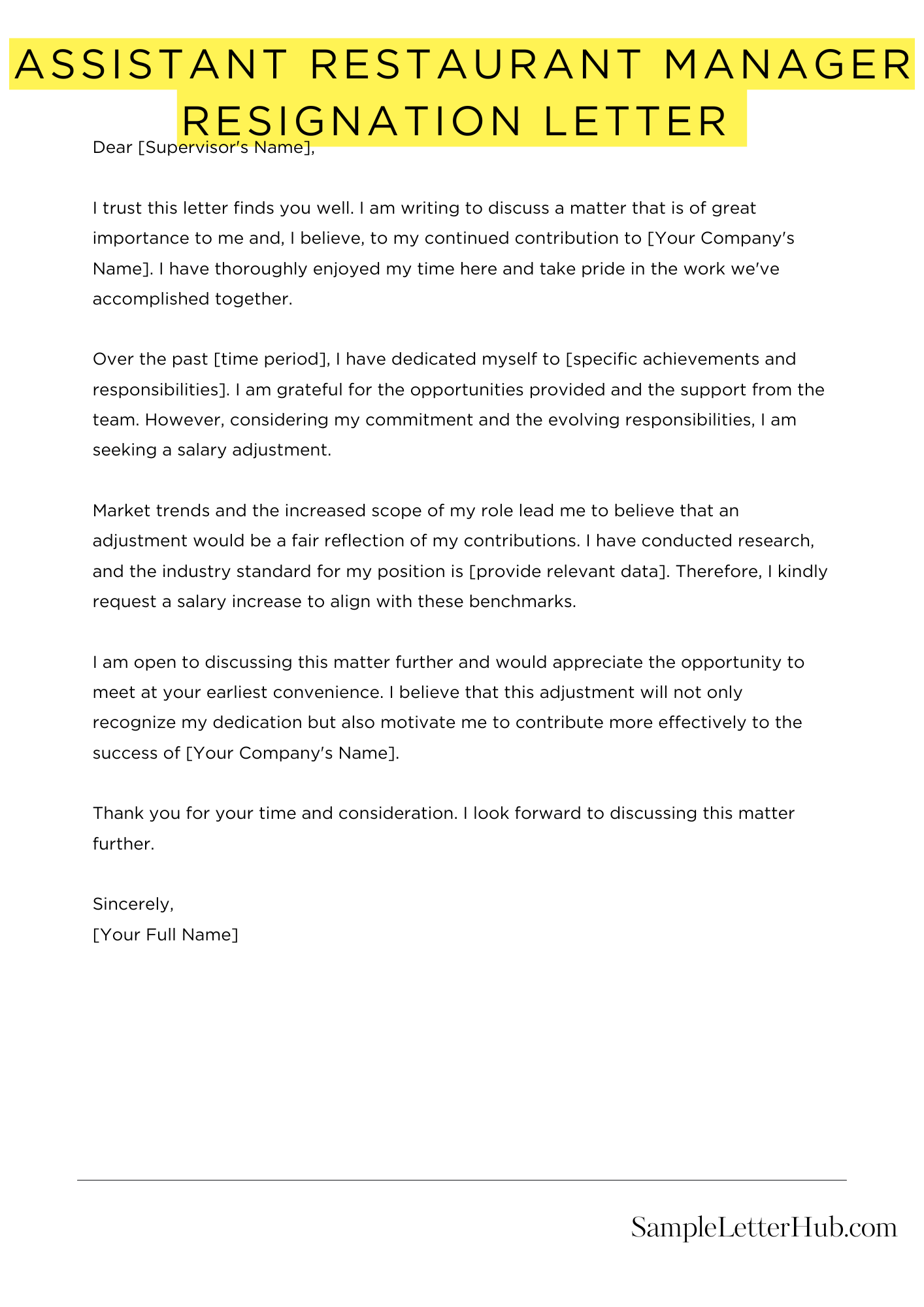 Assistant Restaurant Manager Resignation Letter 