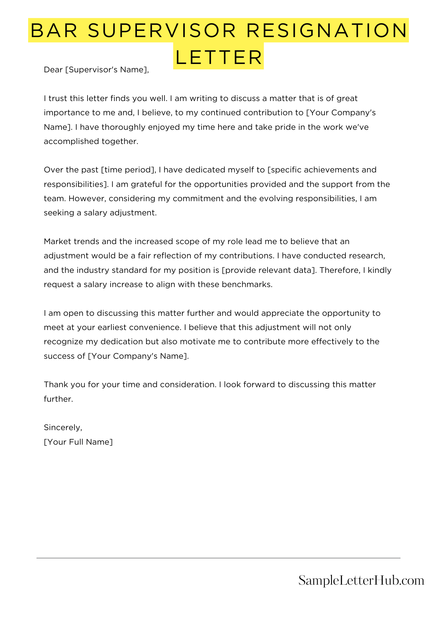 Bar Supervisor Resignation Letter