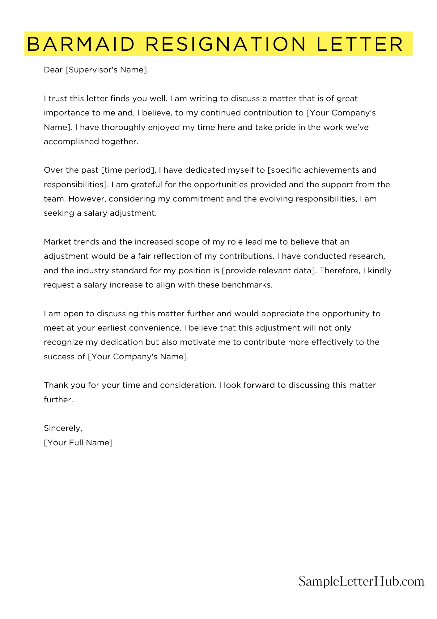 Barmaid Resignation Letter 