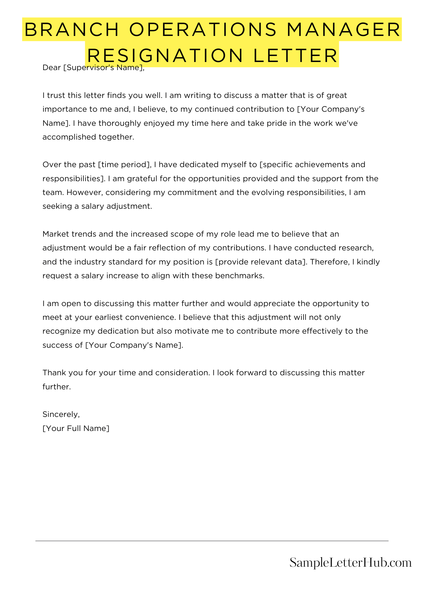 Branch Operations Manager Resignation Letter