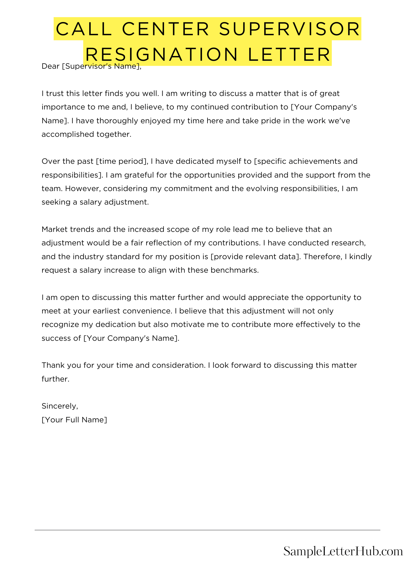 Call Center Supervisor Resignation Letter