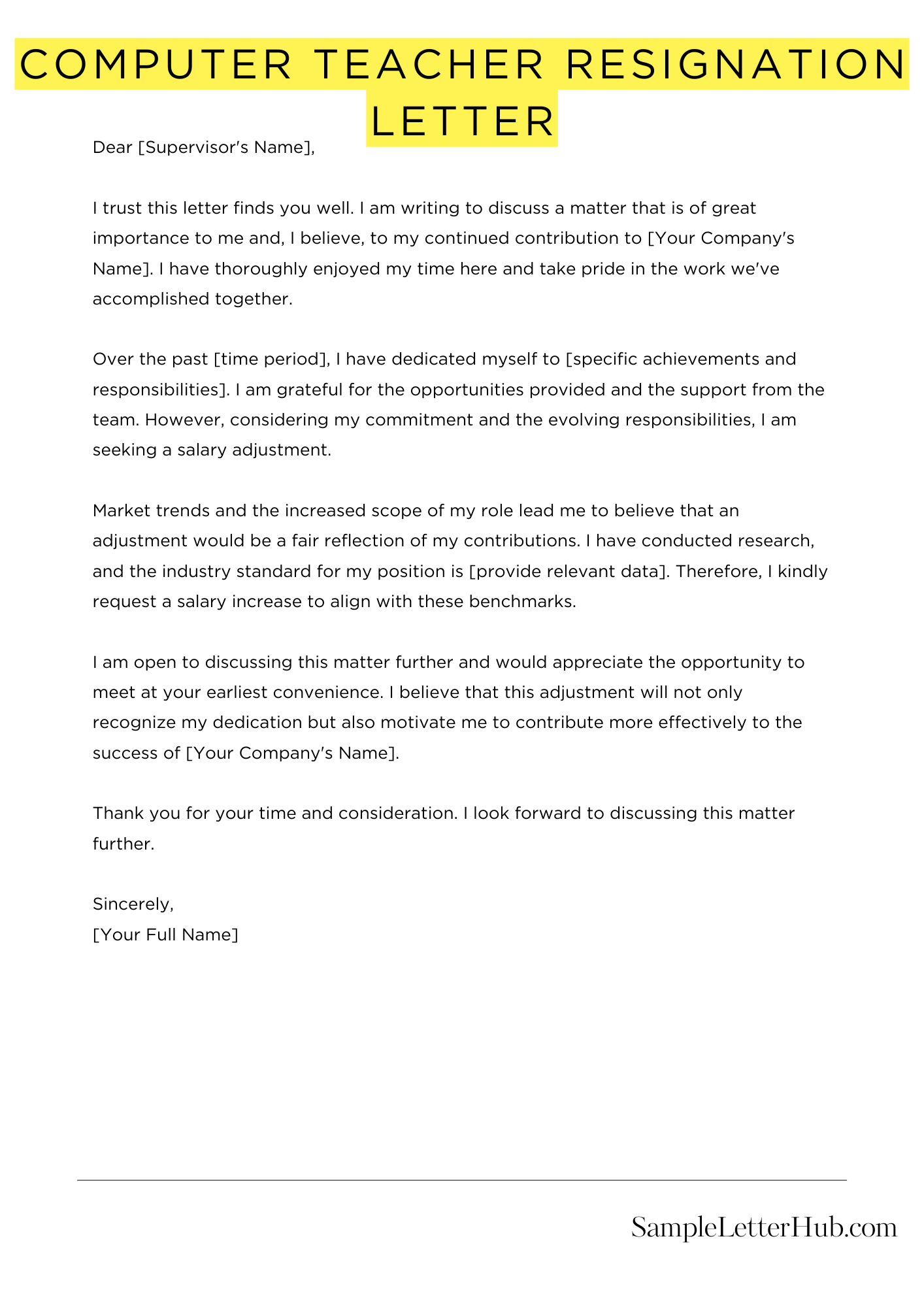 Computer Teacher Resignation Letter