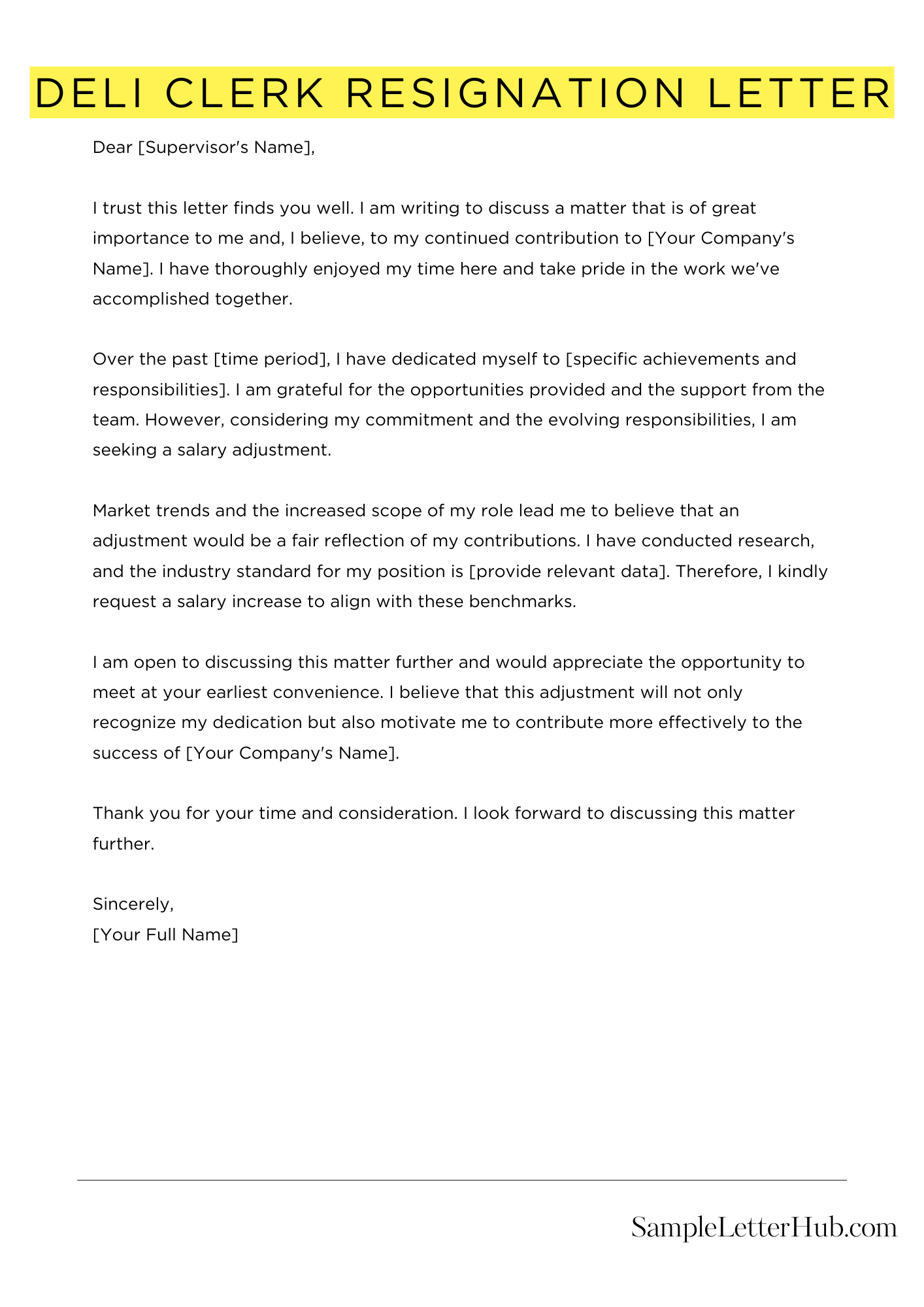 Deli Clerk Resignation Letter