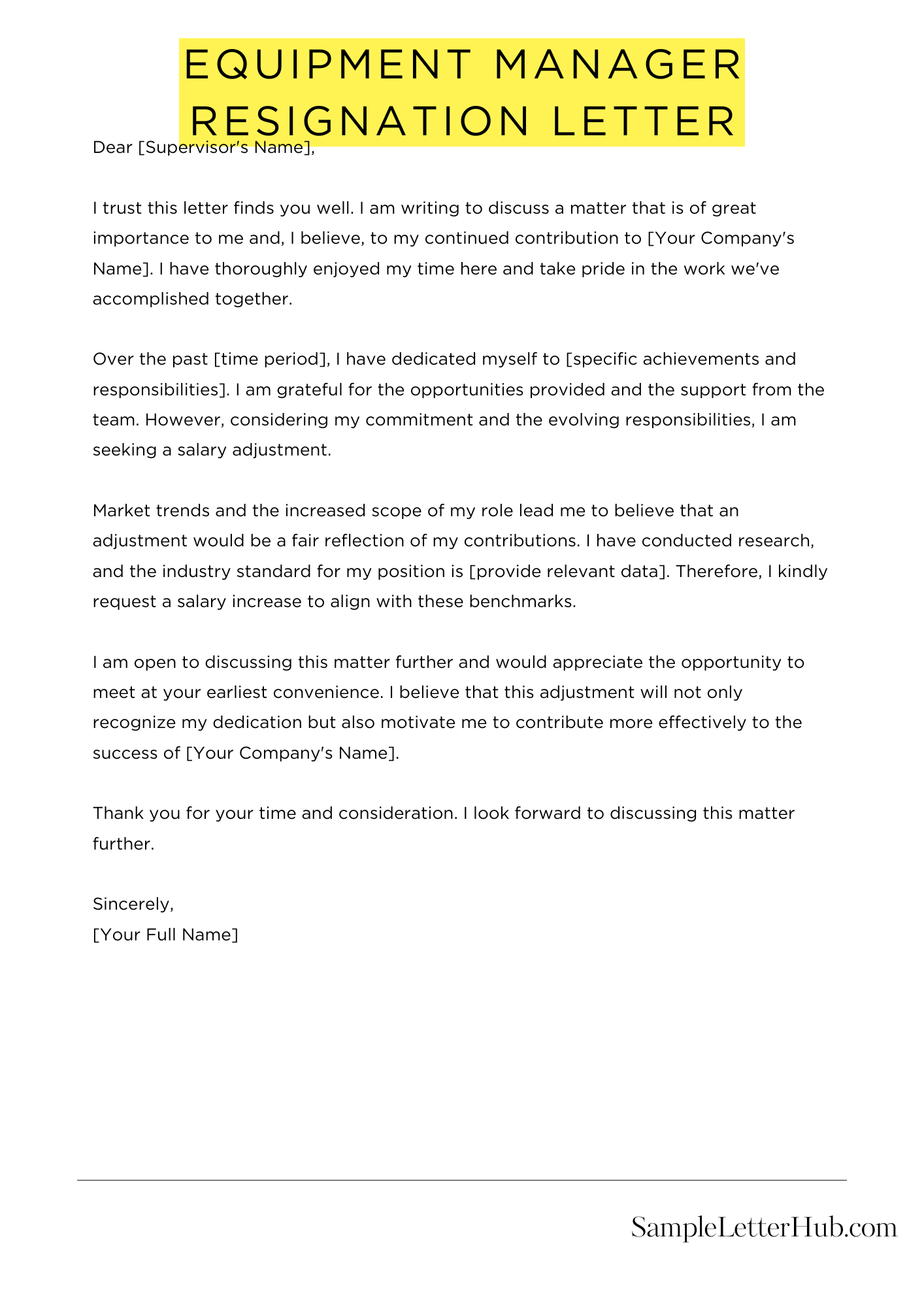 Equipment Manager Resignation Letter