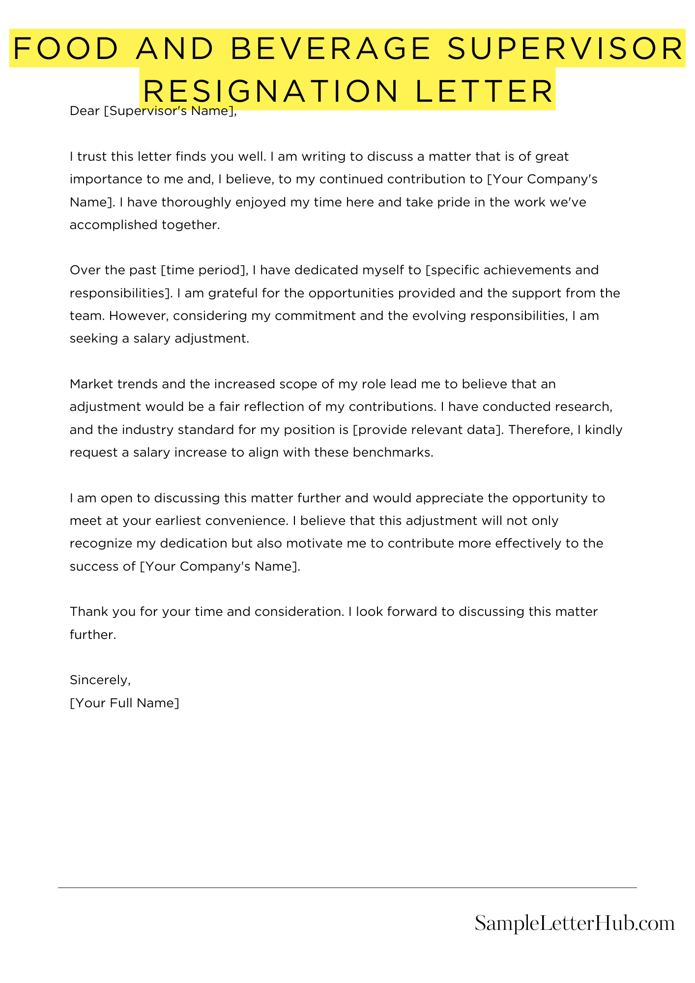 Food And Beverage Supervisor Resignation Letter