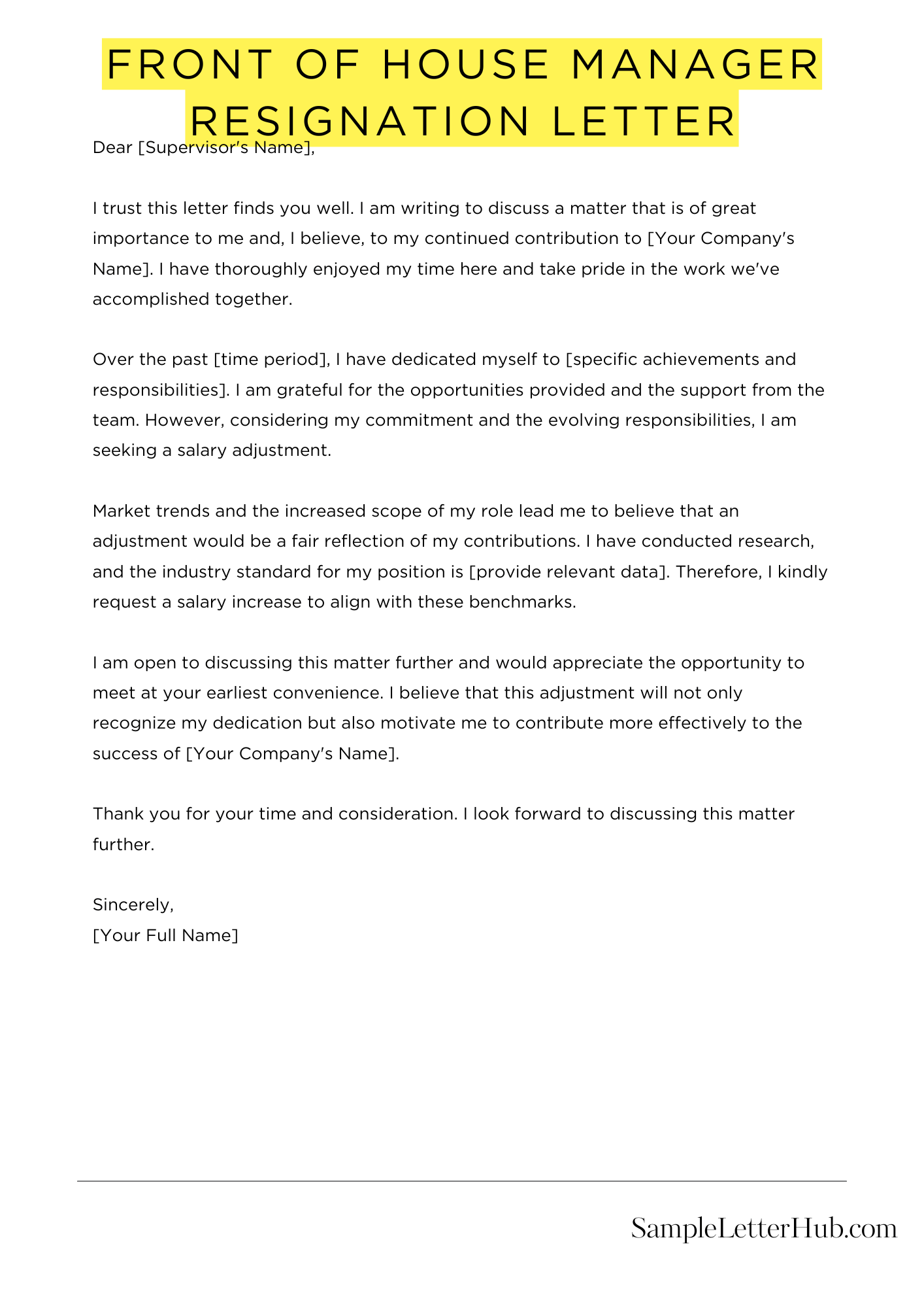 Front Of House Manager Resignation Letter