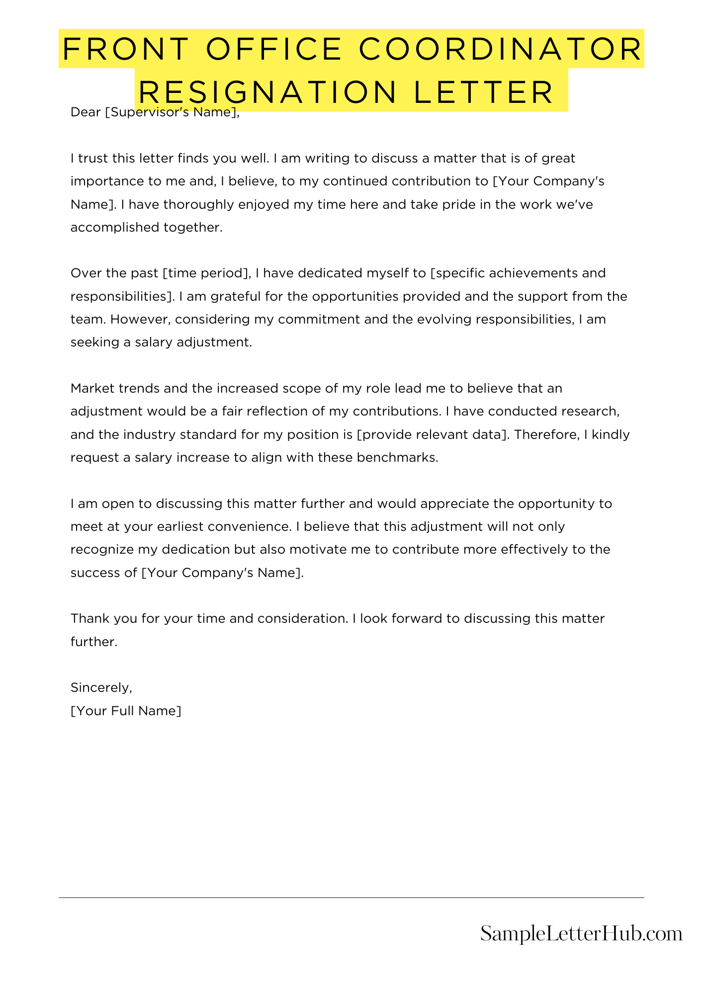 Front Office Coordinator Resignation Letter 