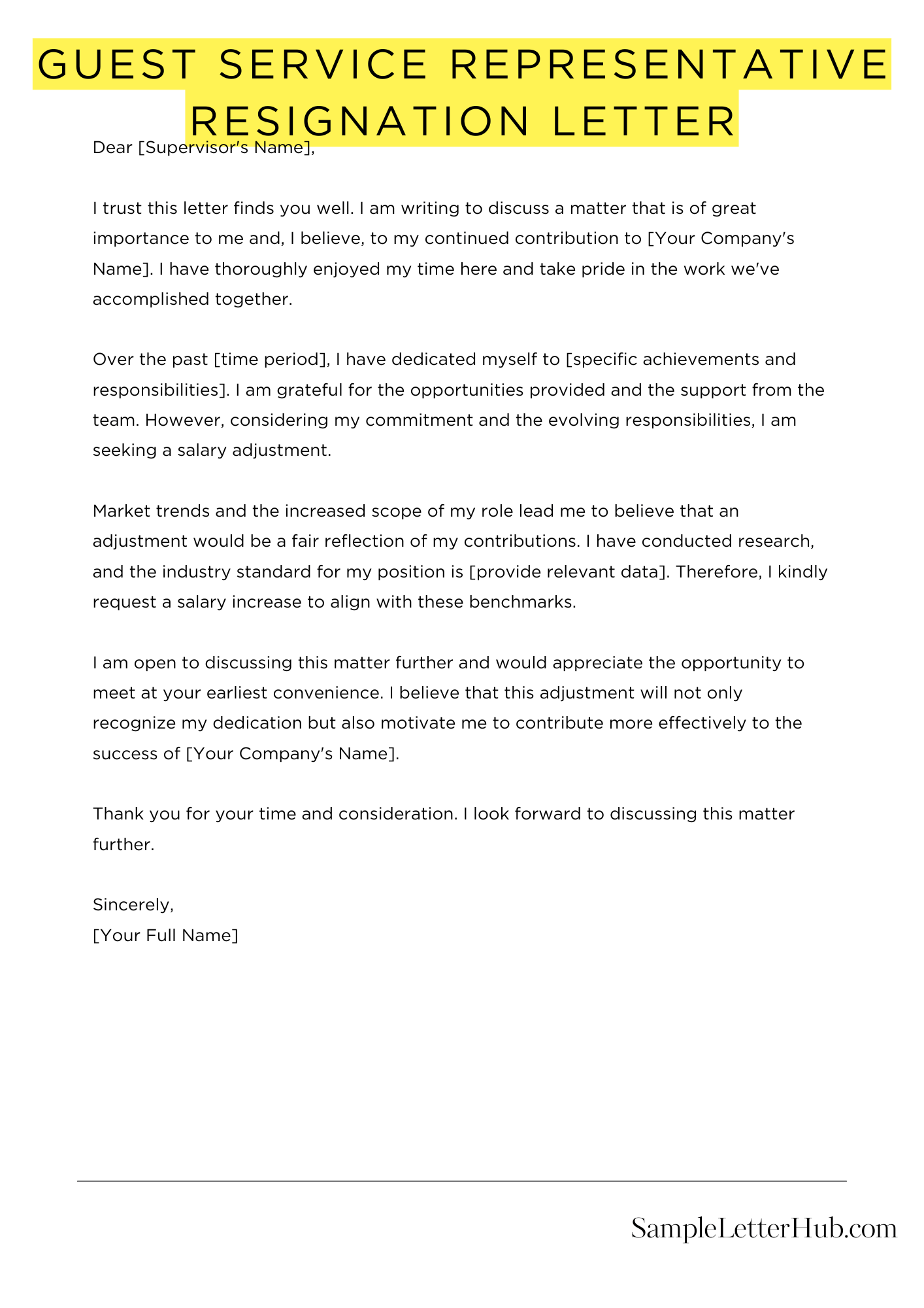 Guest Service Representative Resignation Letter