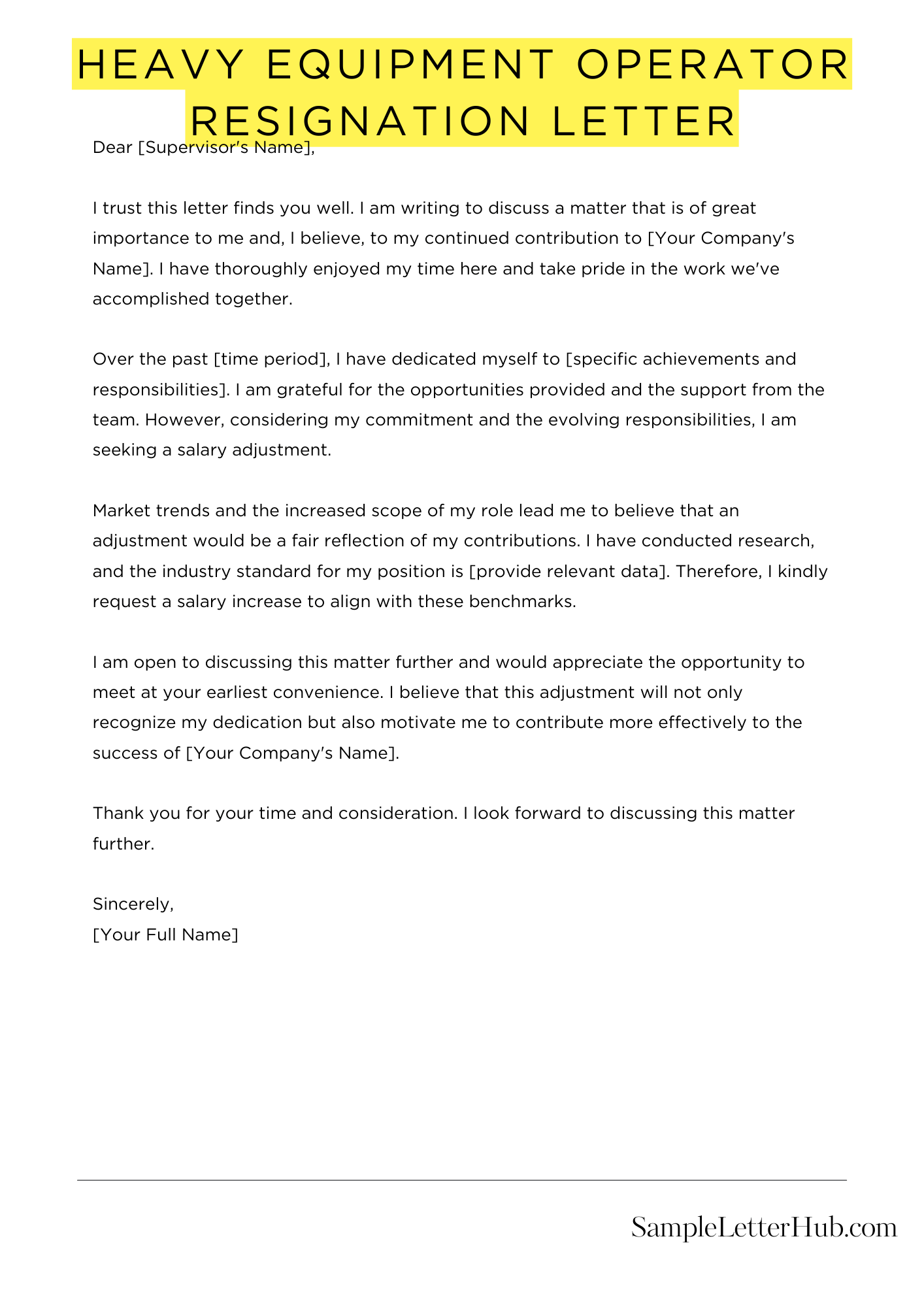 Heavy Equipment Operator Resignation Letter