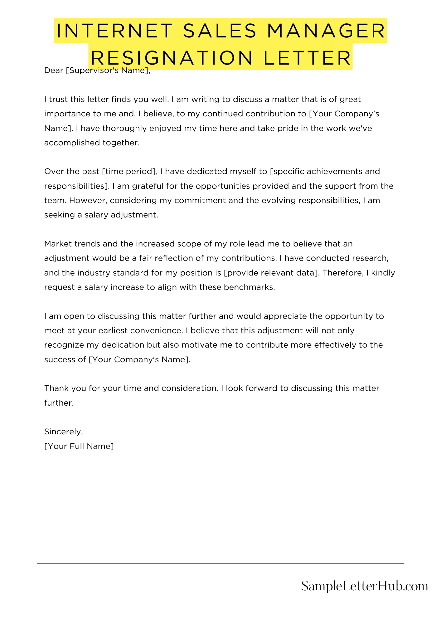 Internet Sales Manager Resignation Letter