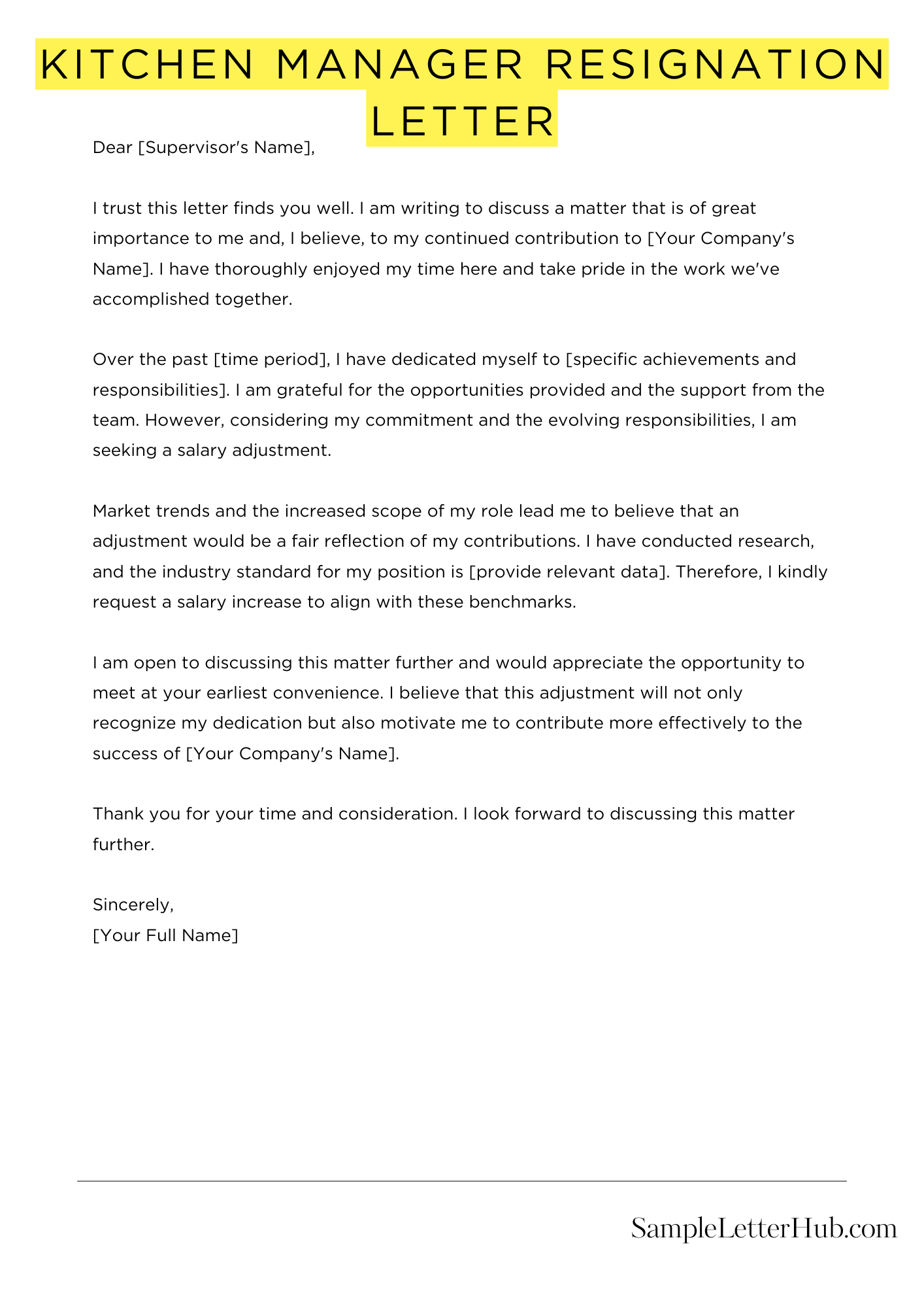 Kitchen Manager Resignation Letter