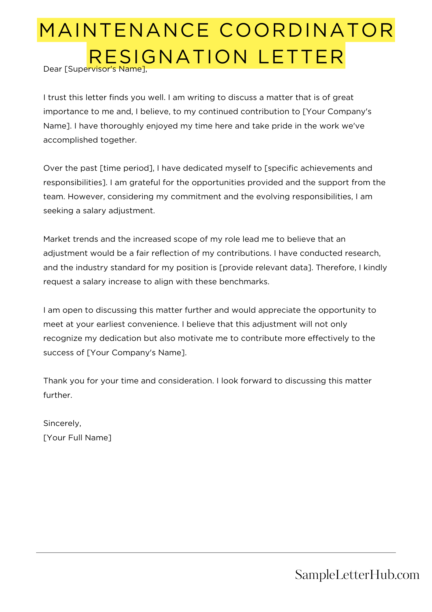 Maintenance Coordinator Resignation Letter