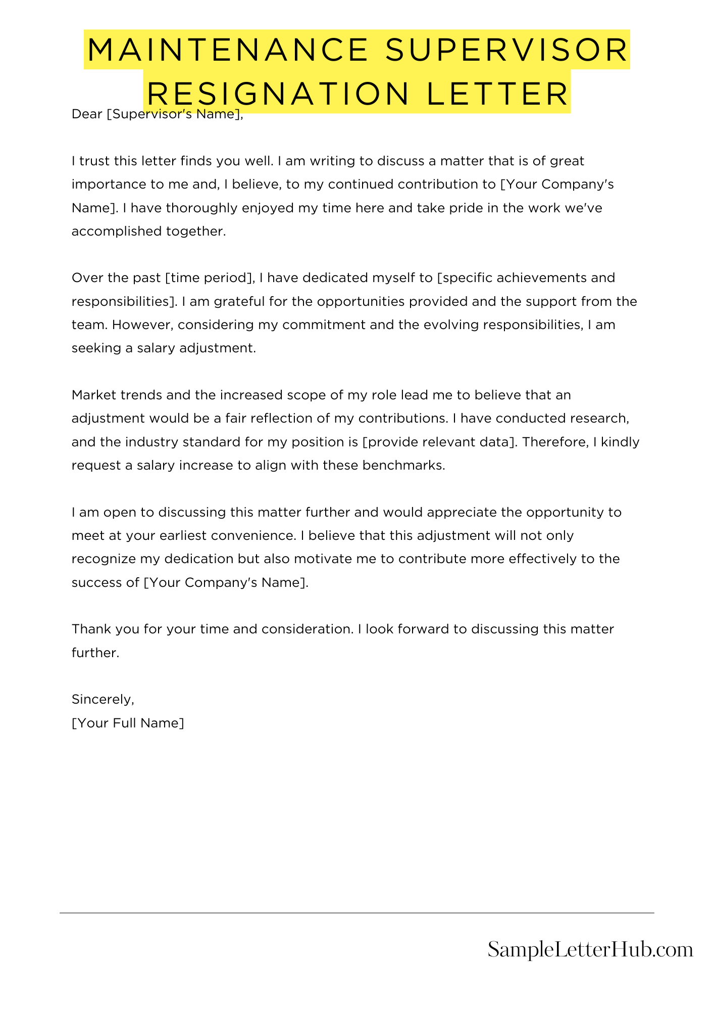 Maintenance Supervisor Resignation Letter