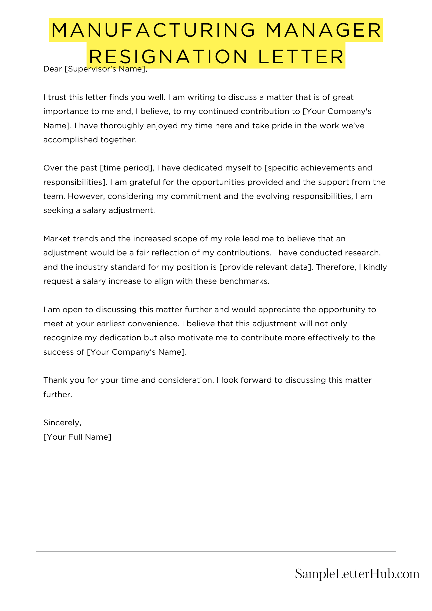 Manufacturing Manager Resignation Letter