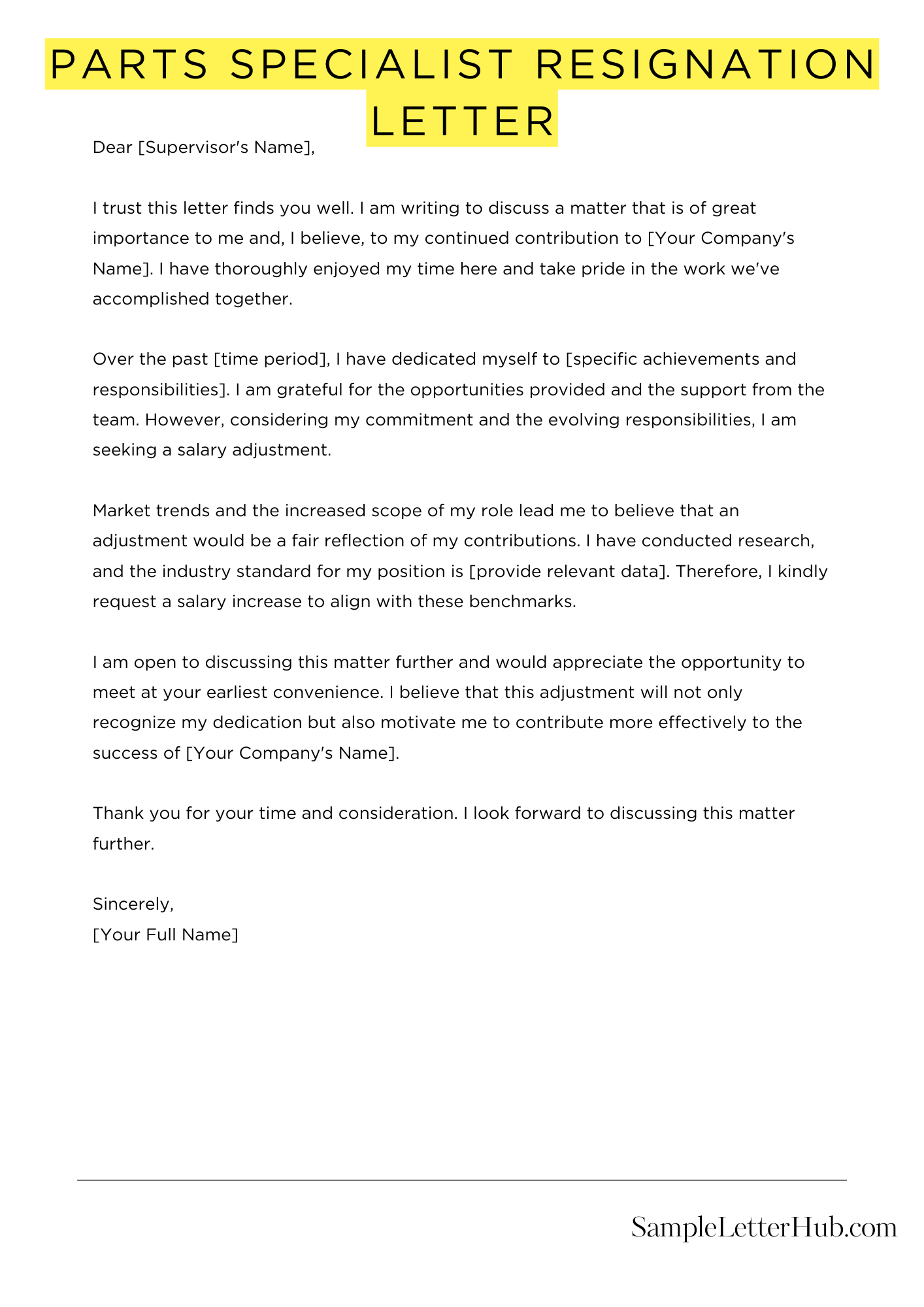 Parts Specialist Resignation Letter