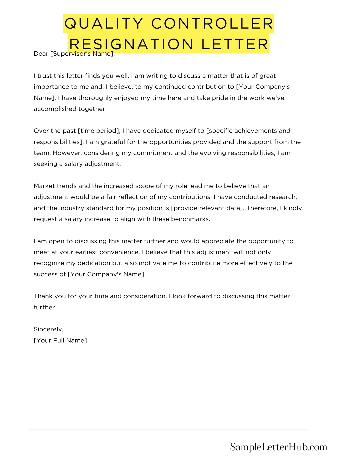 Quality Controller Resignation Letter