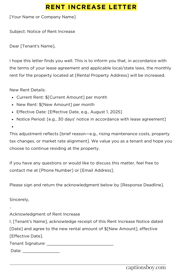Example Rent Increase Letter to Tenant