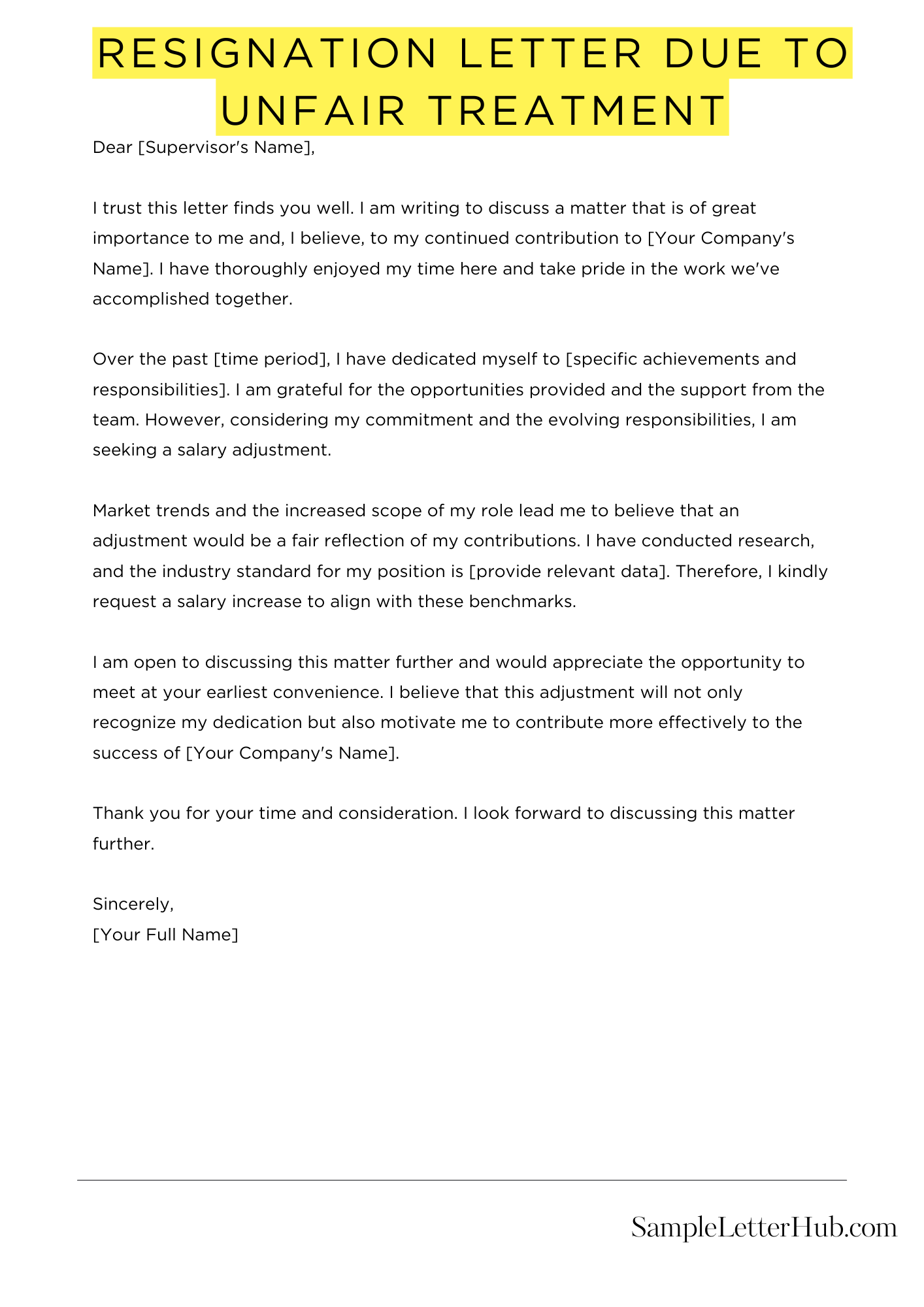 Resignation Letter Due To Unfair Treatment