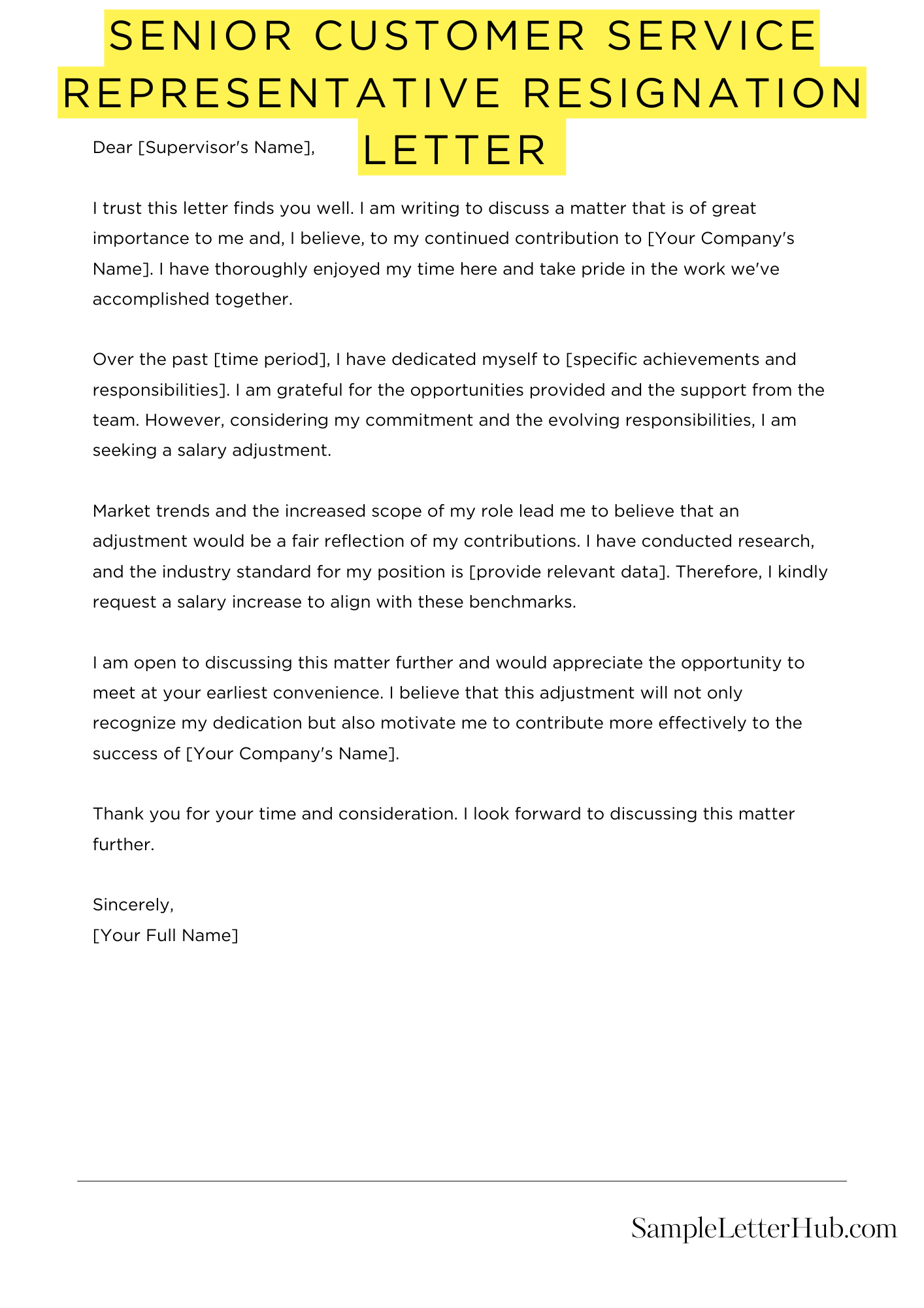 Senior Customer Service Representative Resignation Letter 