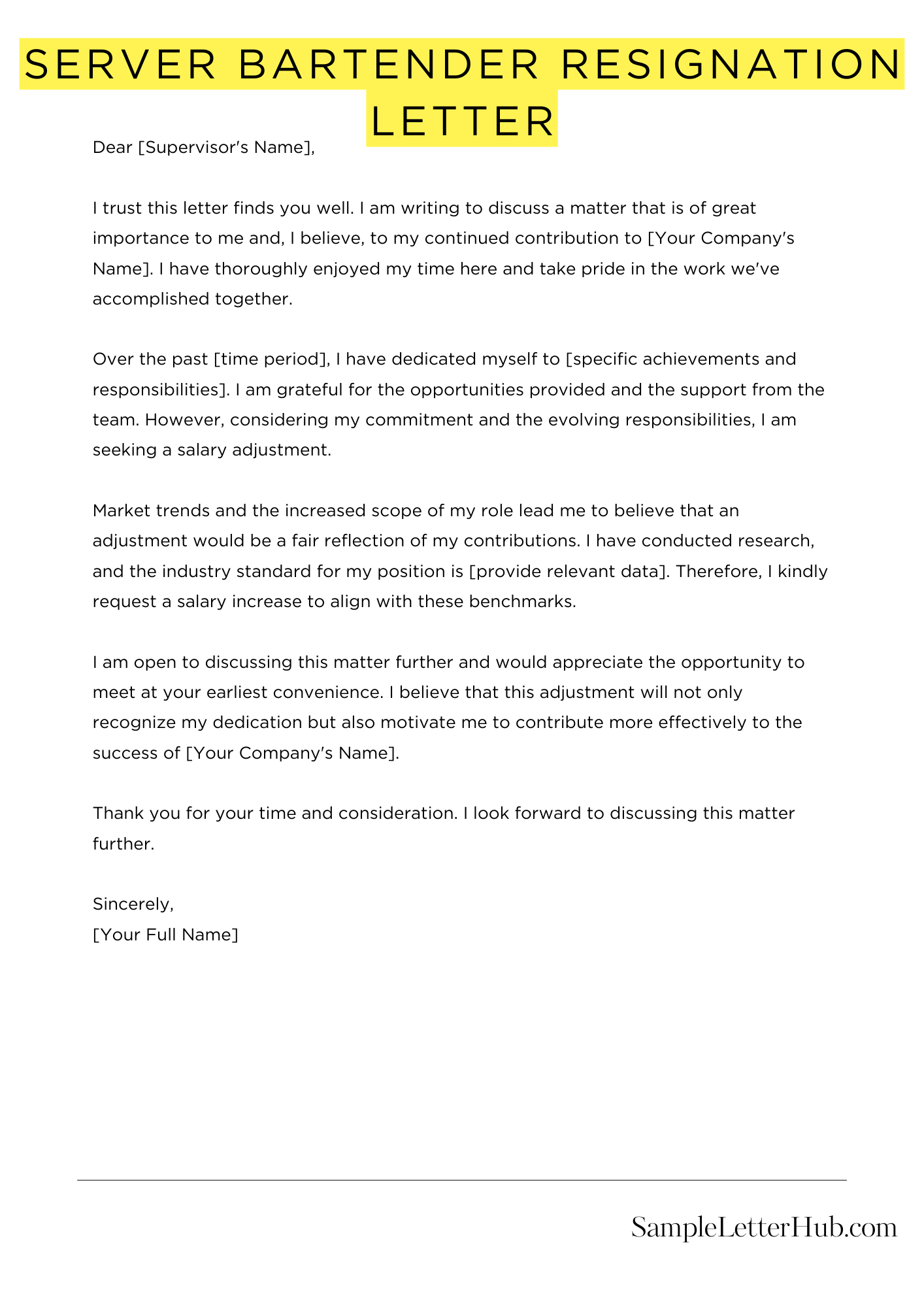 Server Bartender Resignation Letter