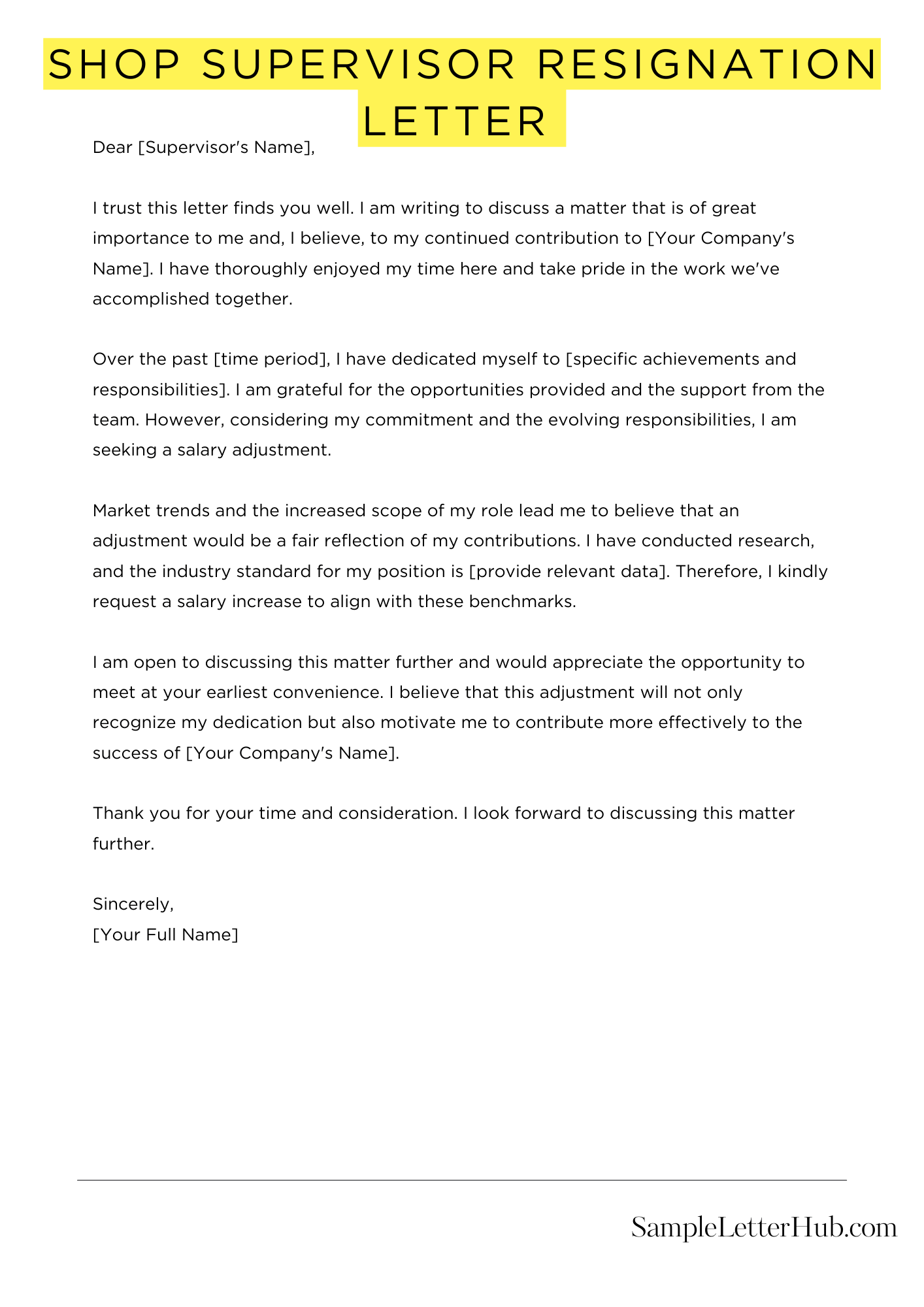 Shop Supervisor Resignation Letter 