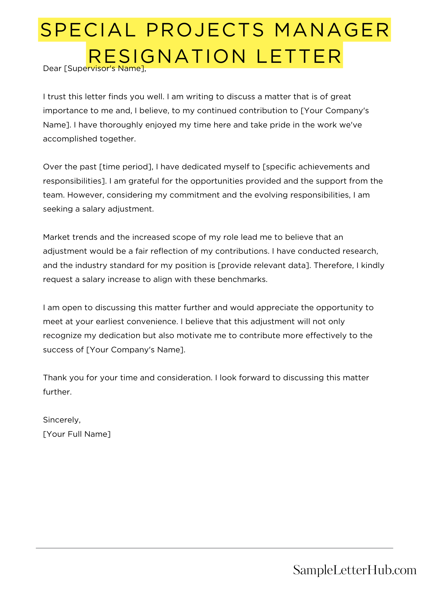 Special Projects Manager Resignation Letter