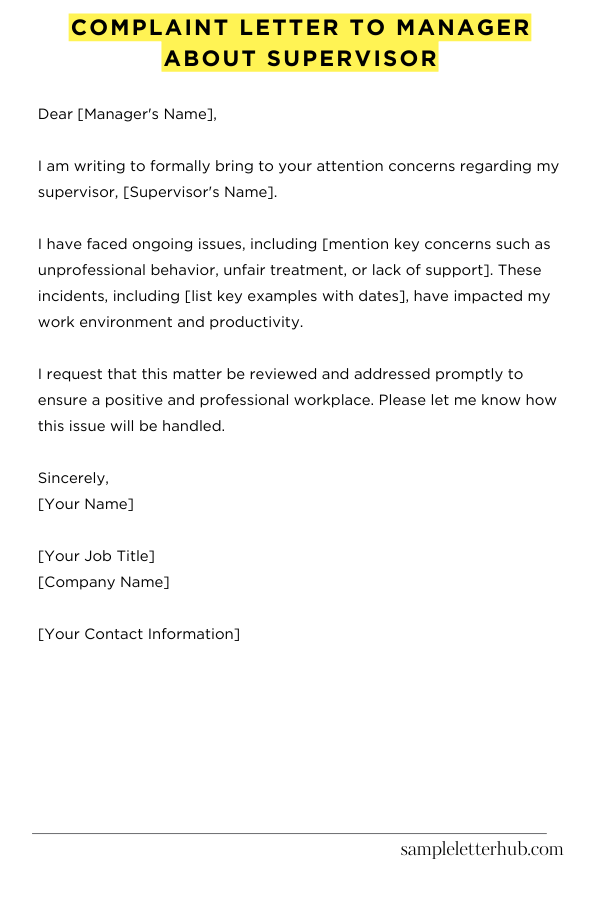 Complaint Letter To Manager About Supervisor