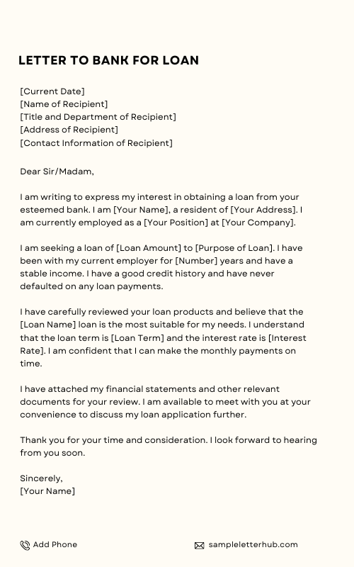 Letter to Bank for Loan
