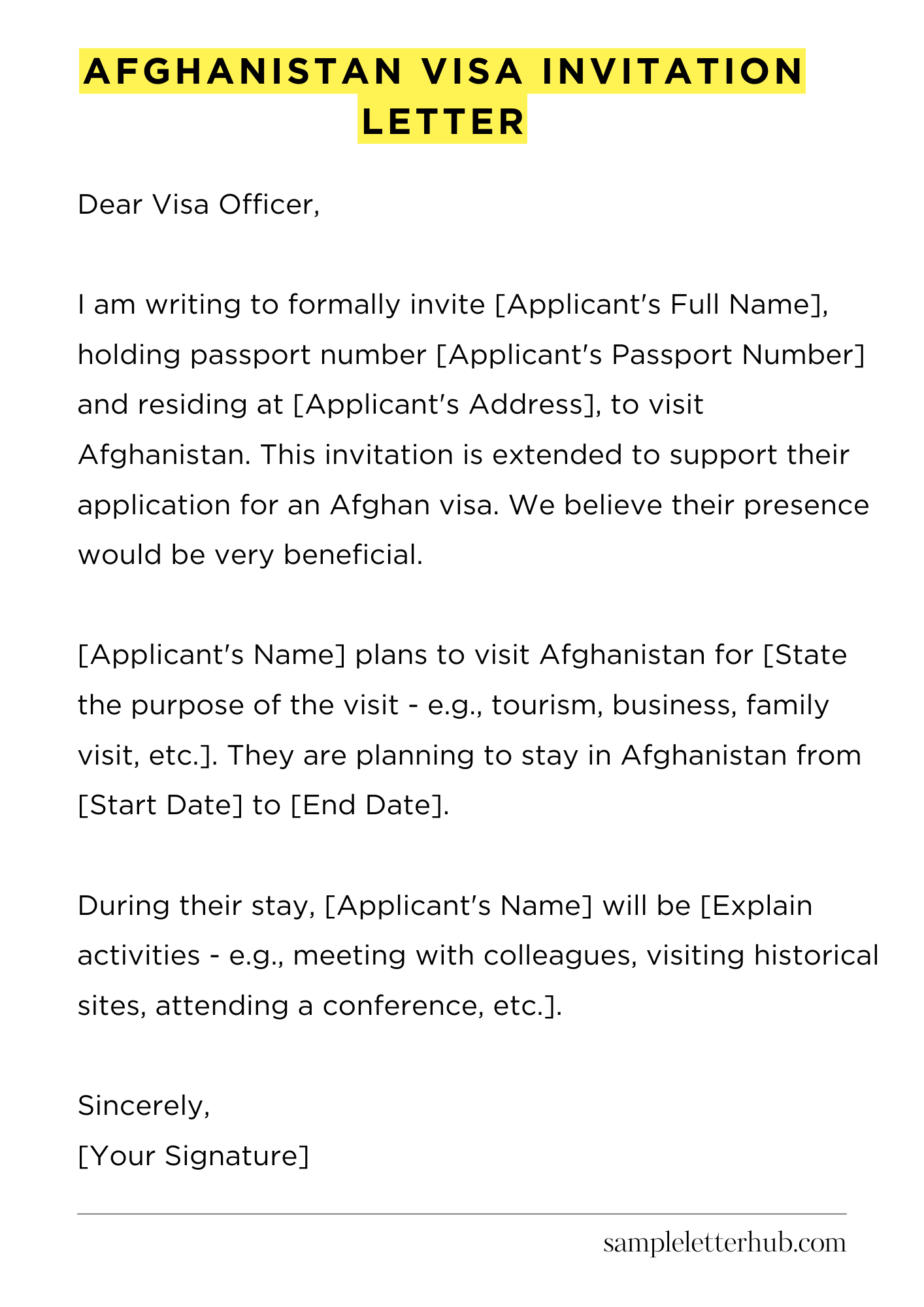 Afghanistan Visa Invitation Letter