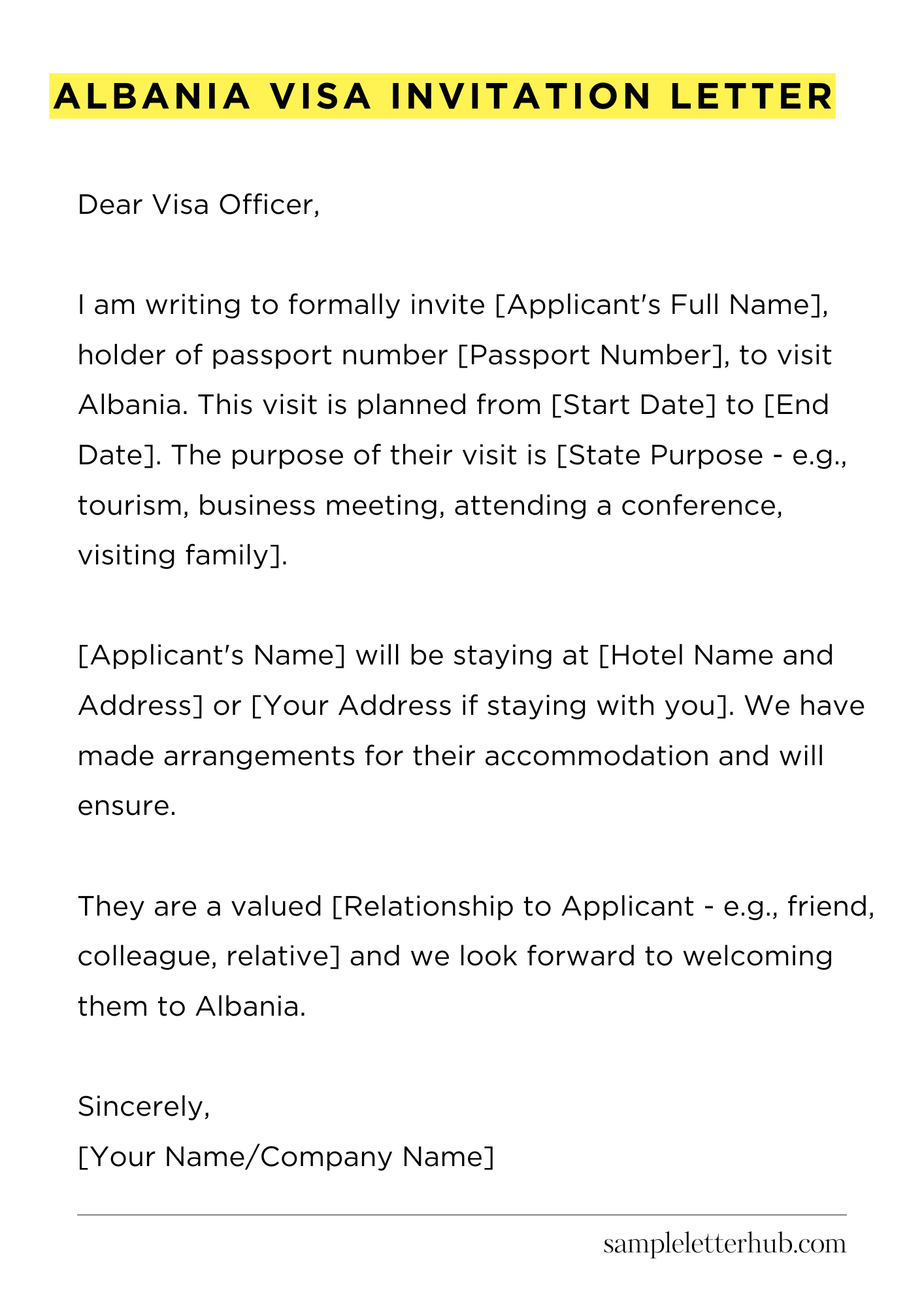 Albania Visa Invitation Letter