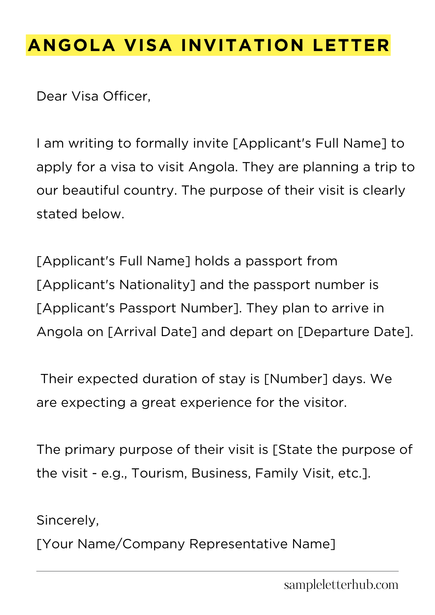 Angola Visa Invitation Letter
