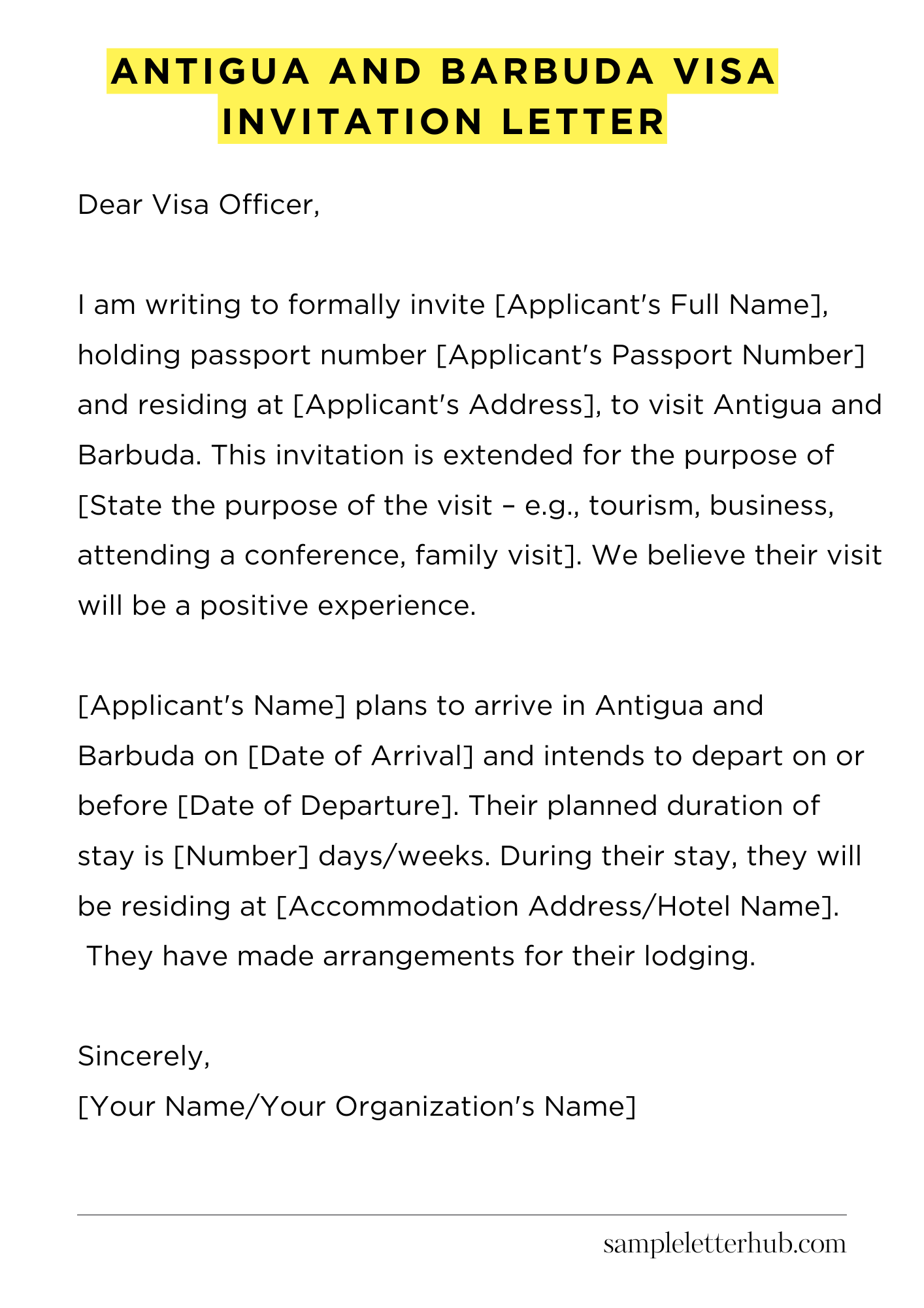 Antigua and Barbuda Visa Invitation Letter