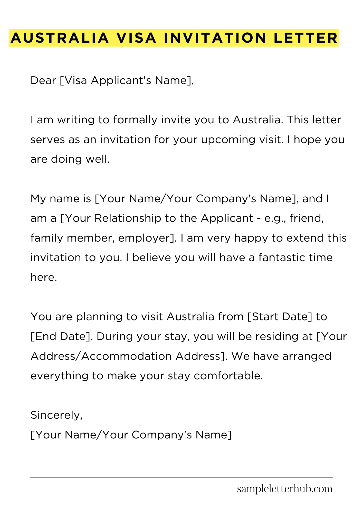 Australia Visa Invitation Letter