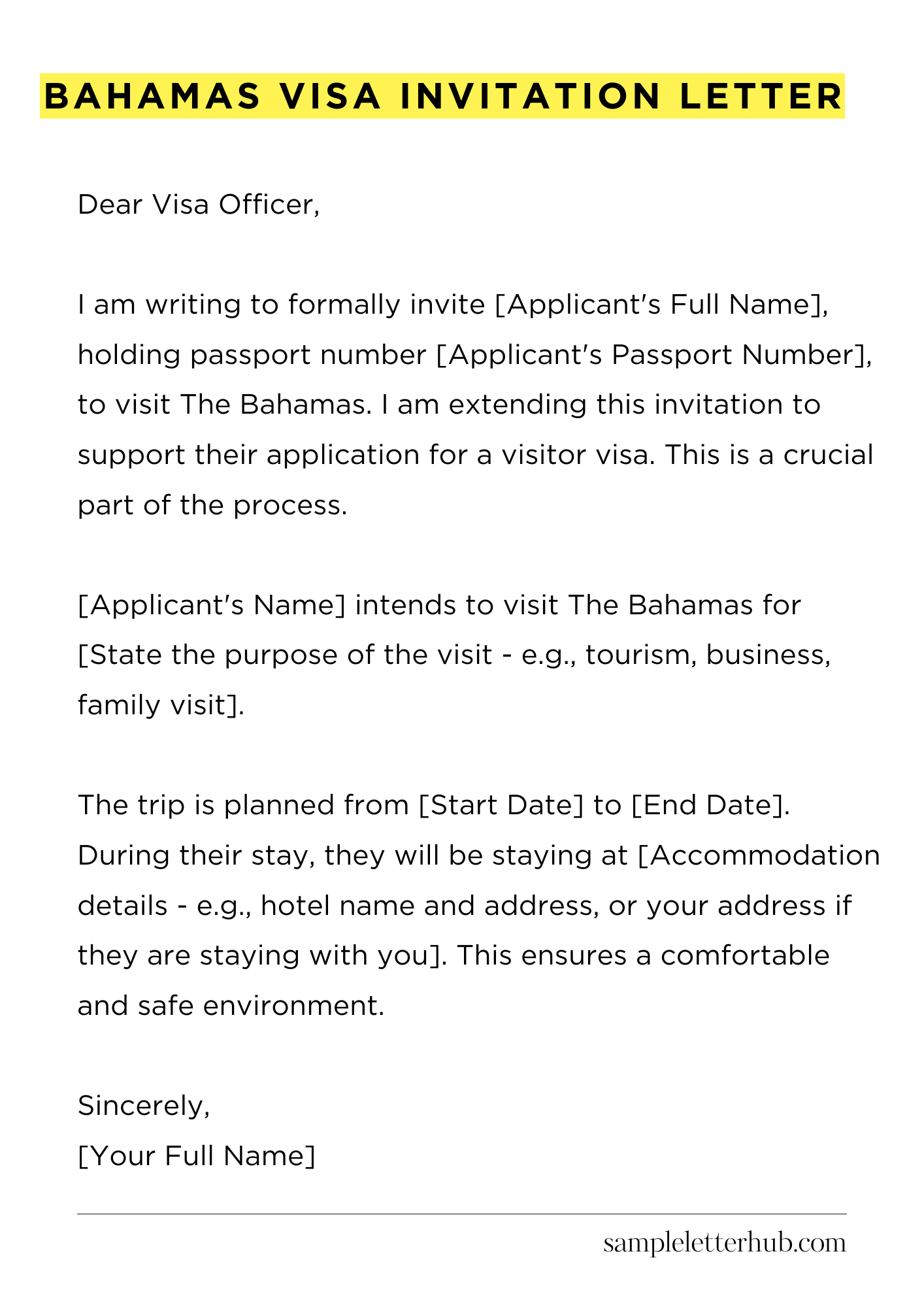 Bahamas Visa Invitation Letter