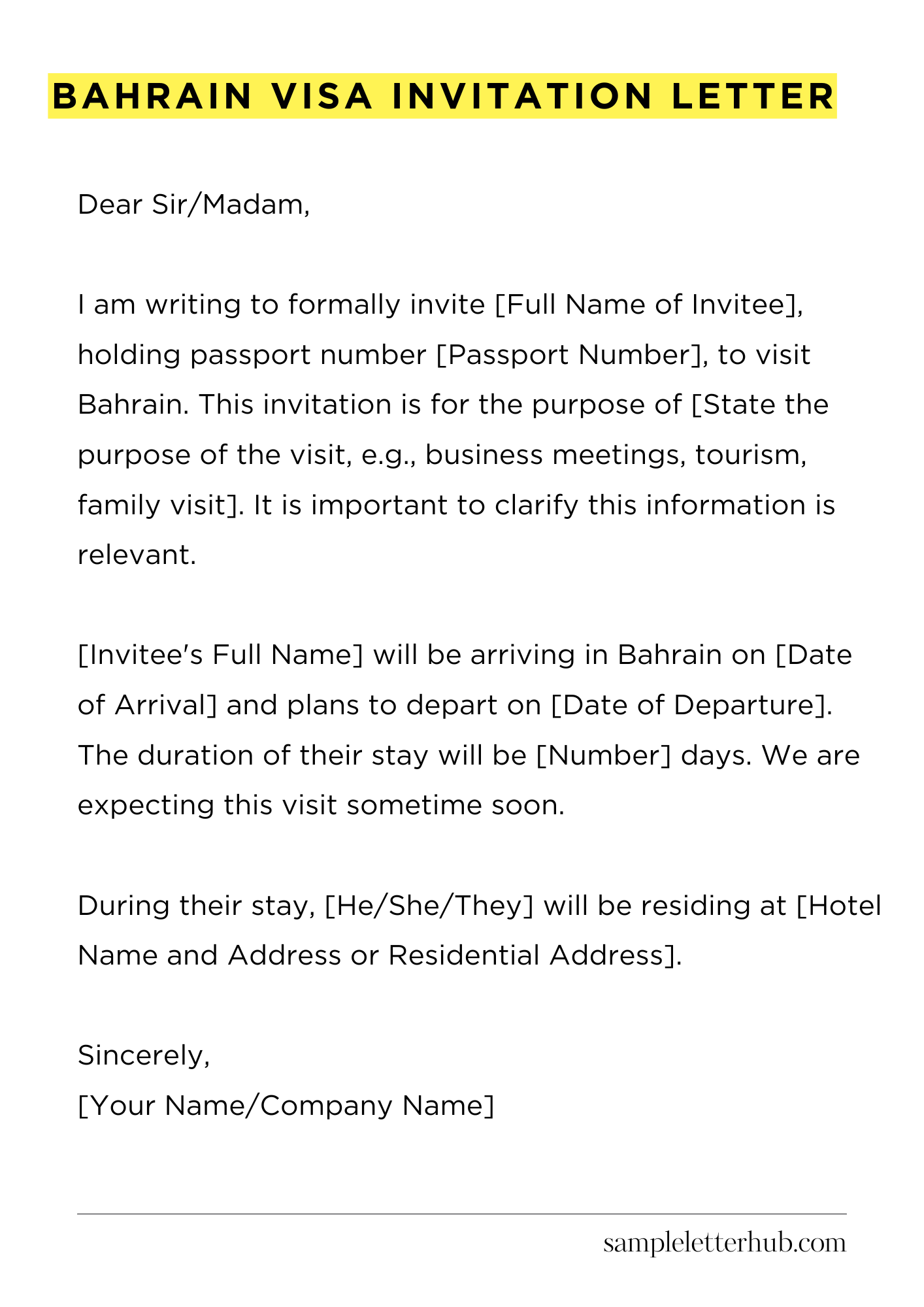 Bahrain Visa Invitation Letter