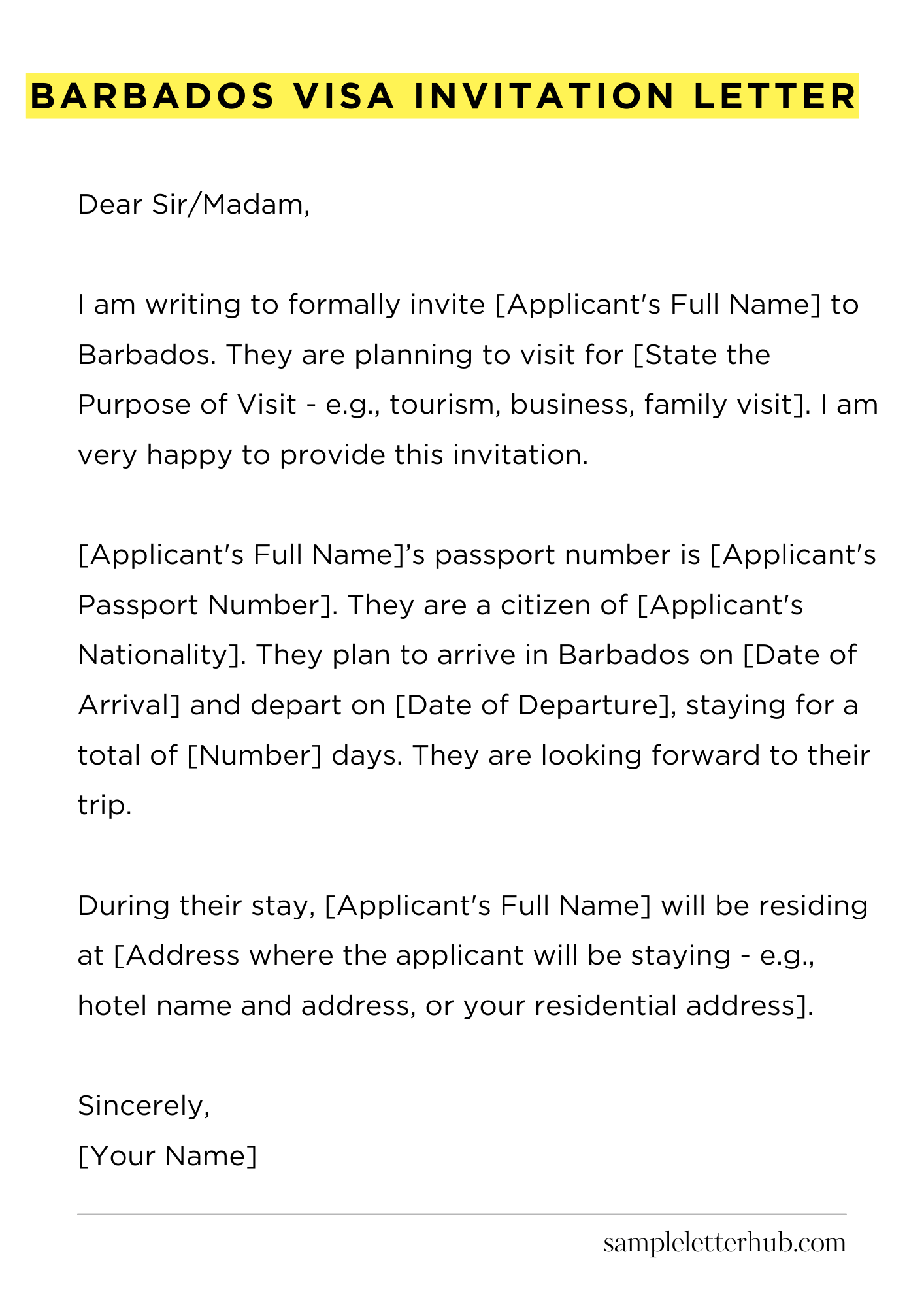 Barbados Visa Invitation Letter