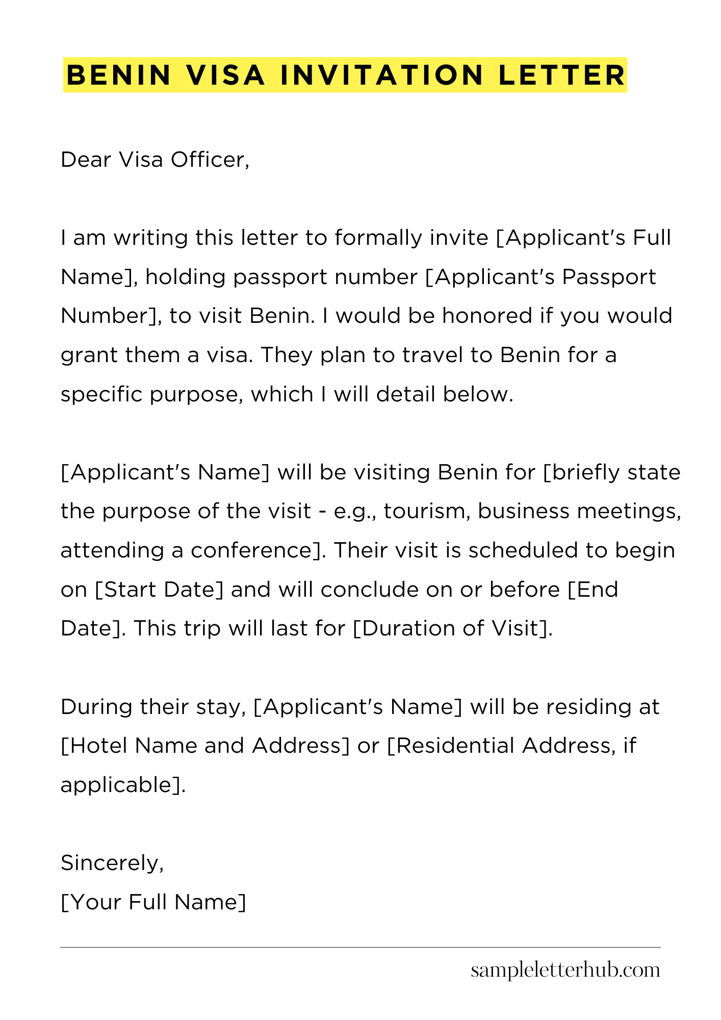 Benin Visa Invitation Letter