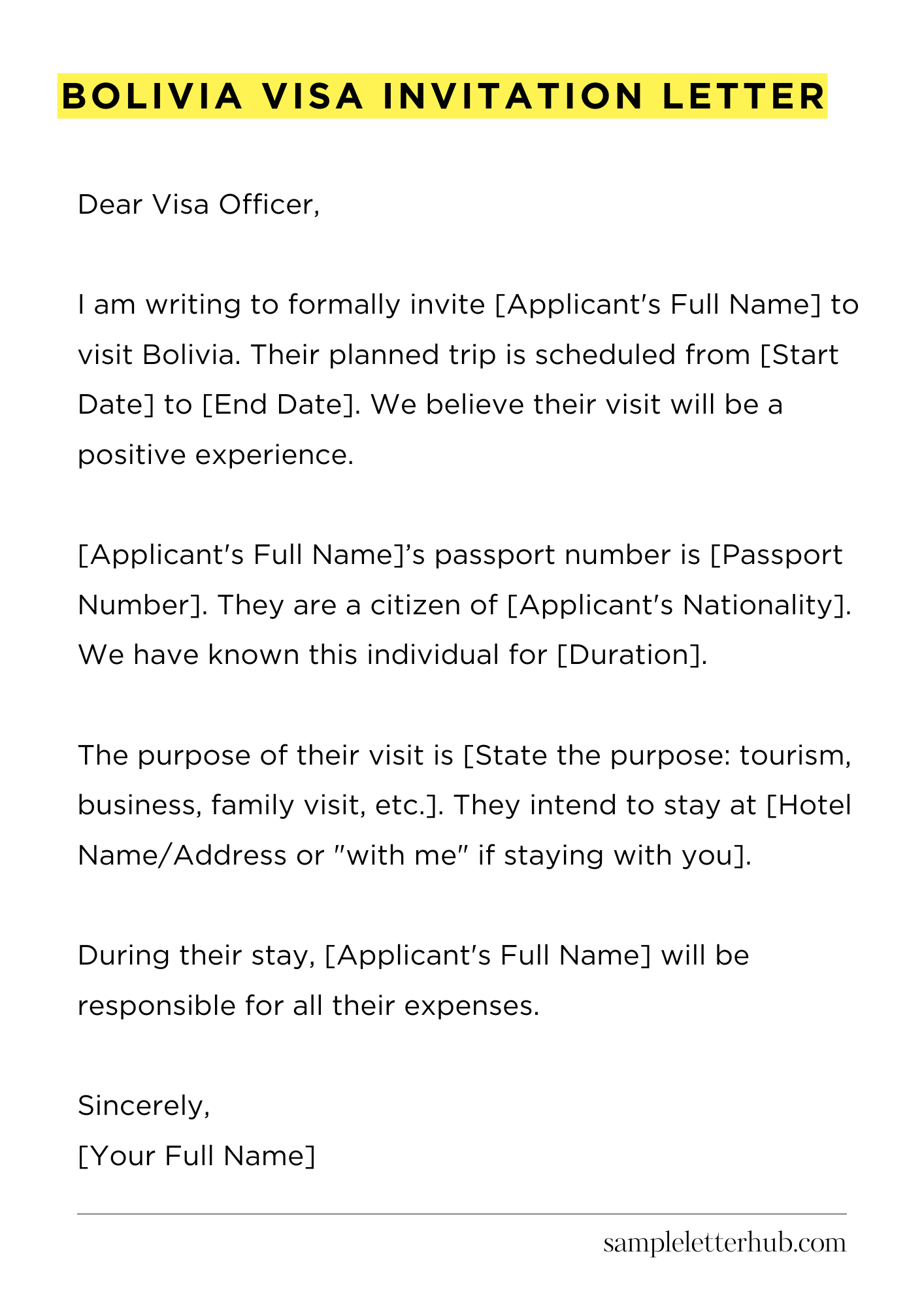 Bolivia Visa Invitation Letter