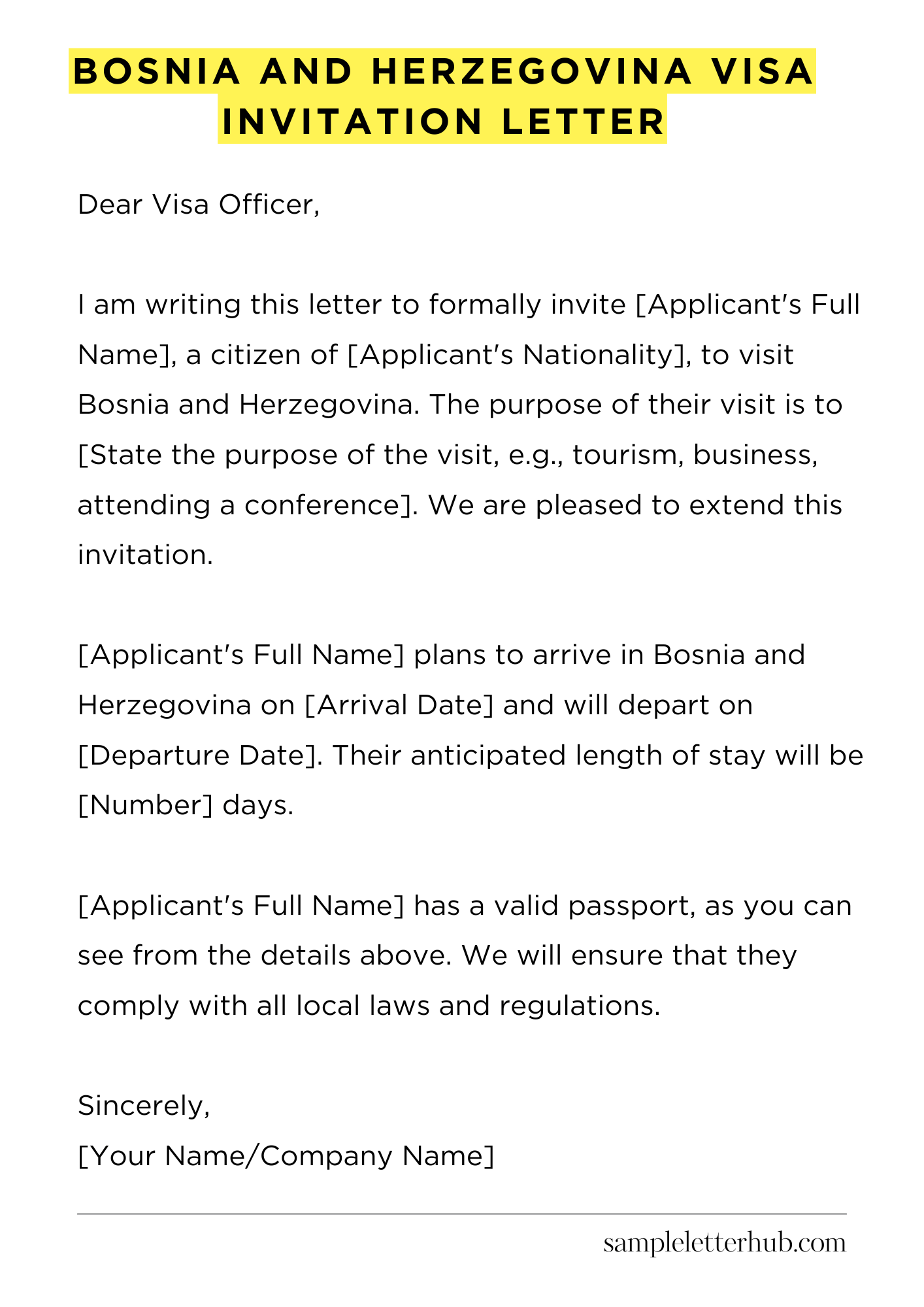 Bosnia and Herzegovina Visa Invitation Letter