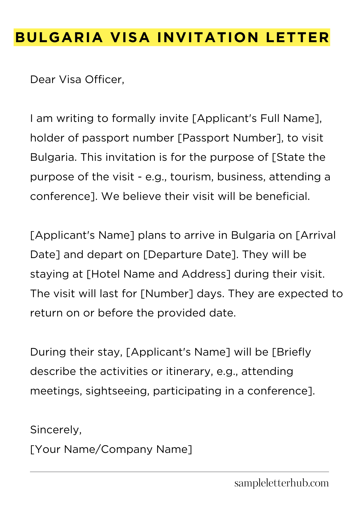 Bulgaria Visa Invitation Letter