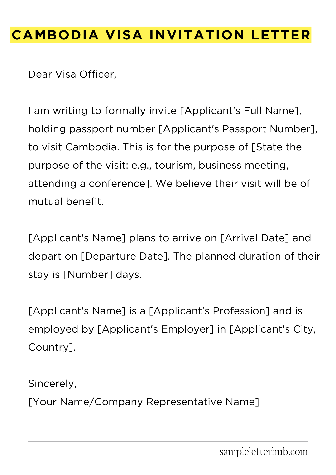 Cambodia Visa Invitation Letter